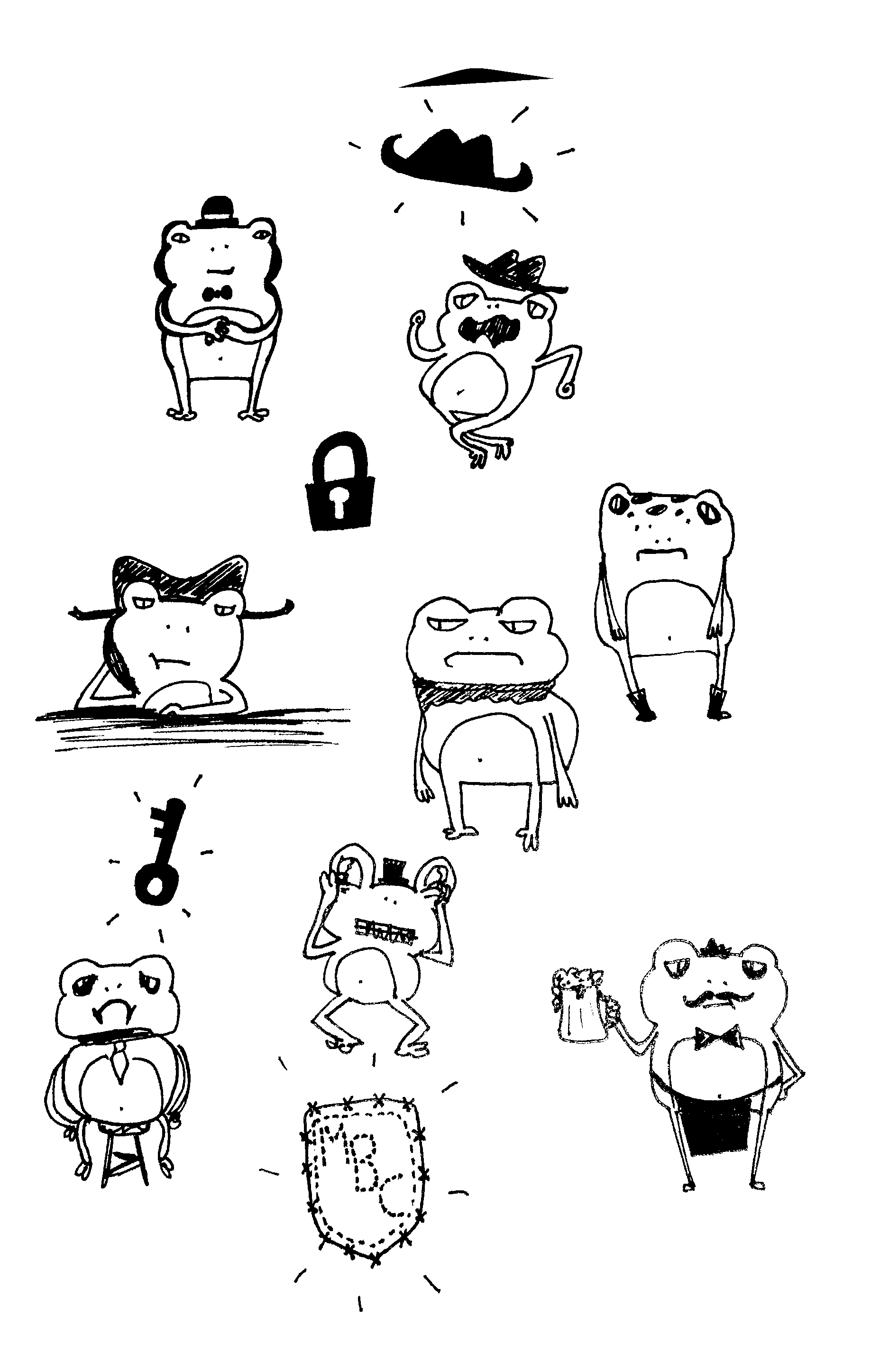 drawings of various cartoon toad characters and props