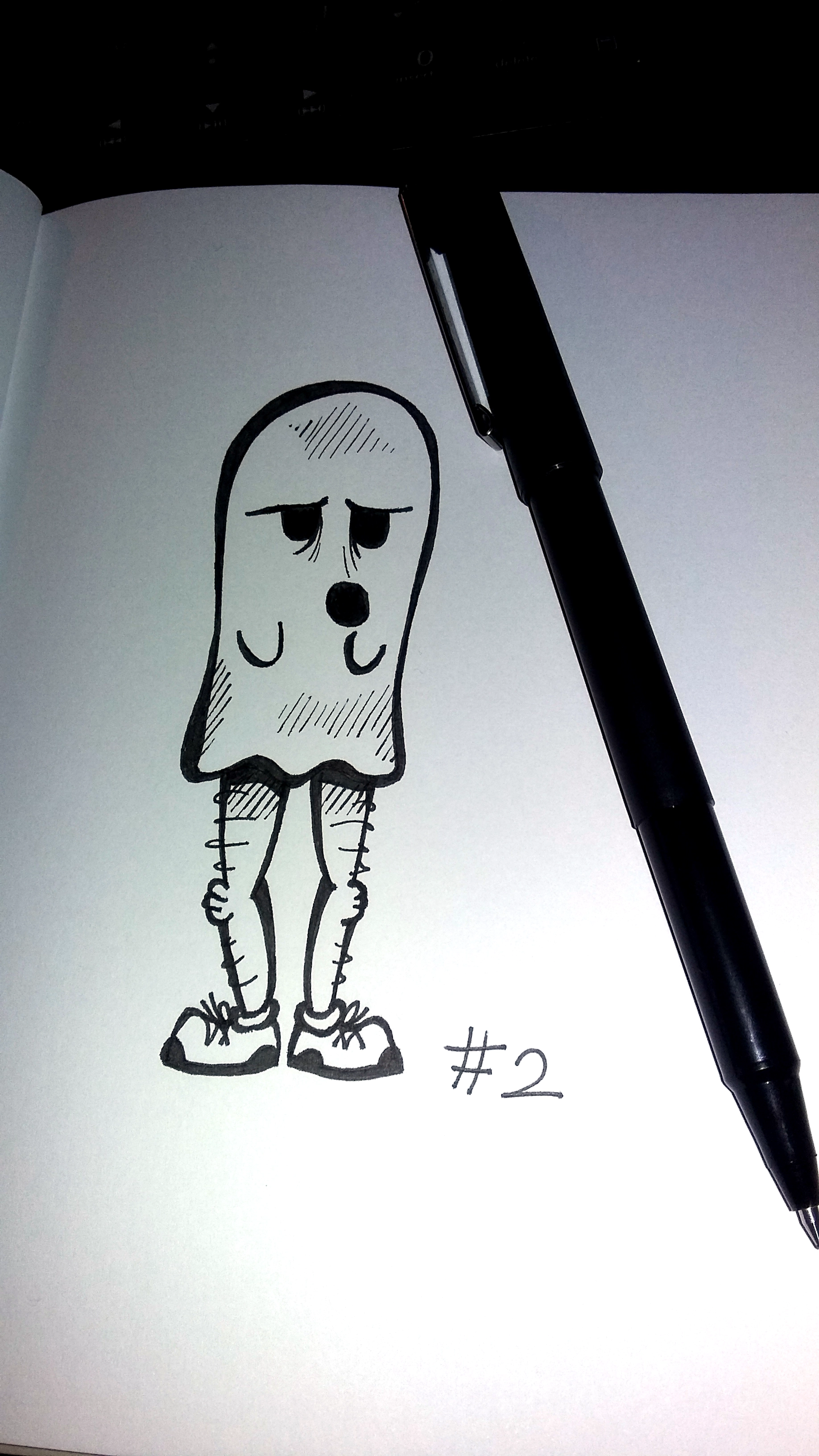 drawing of a cartoon sheet ghost with hairy legs and sneakers