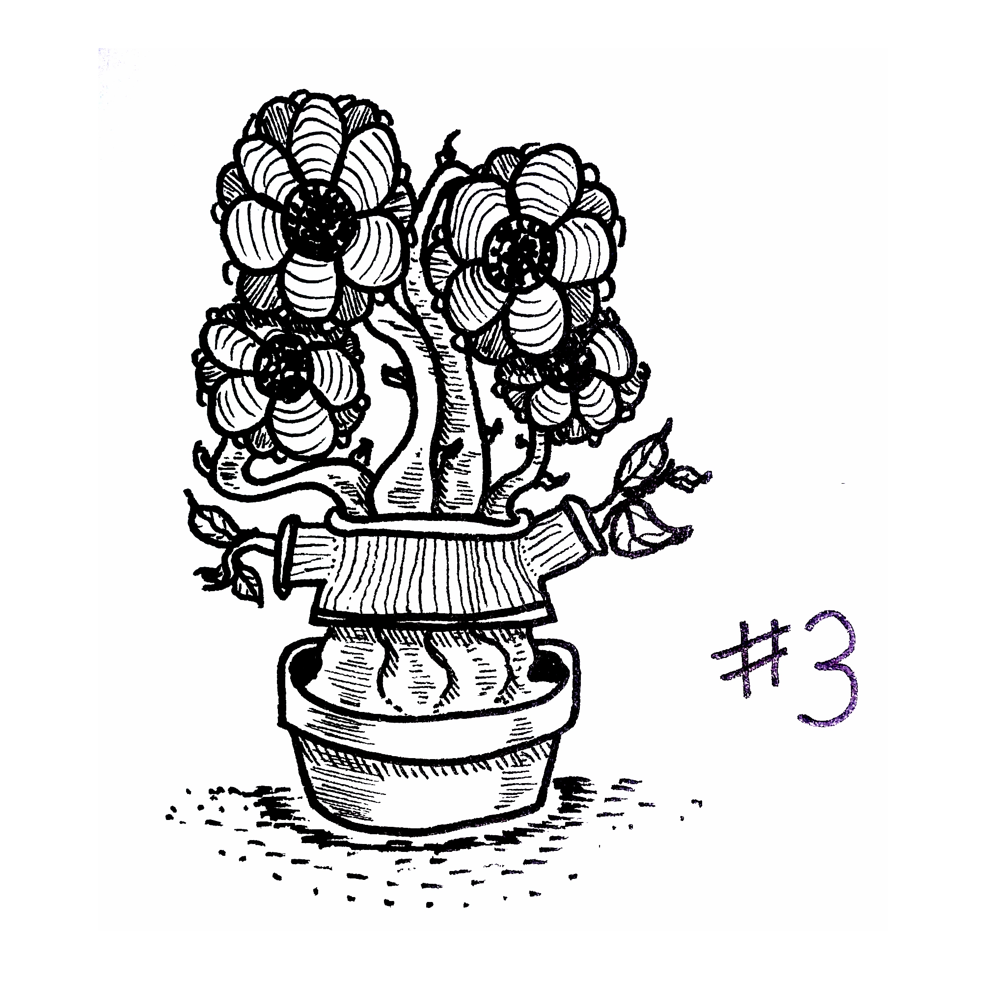 drawing of a potted flowering plant wearing a little sweater