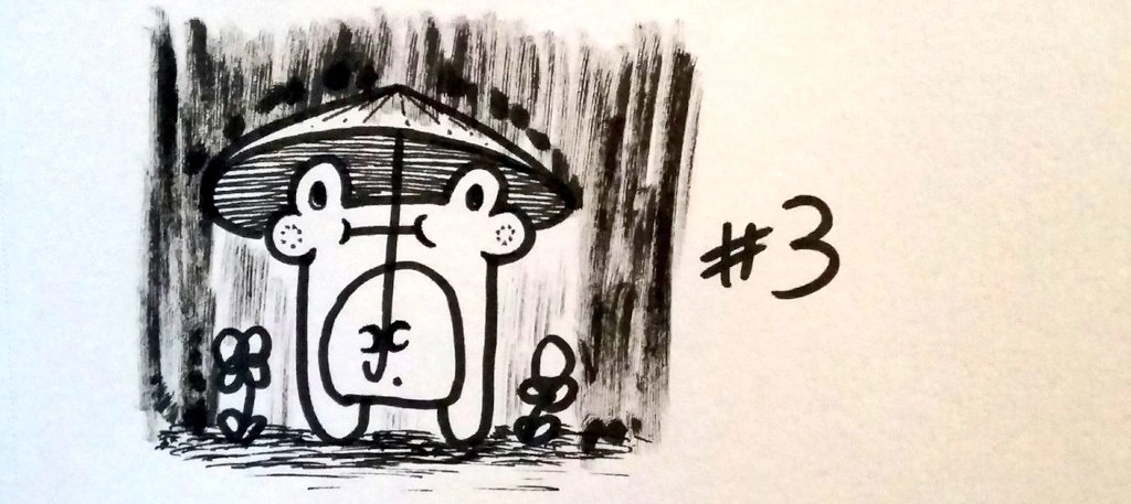 drawing of a cartoon frog standing in the rain with an umbrella