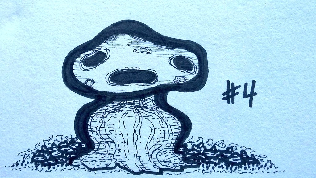 drawing of a pudgy mushroom with dark spots resembling a face