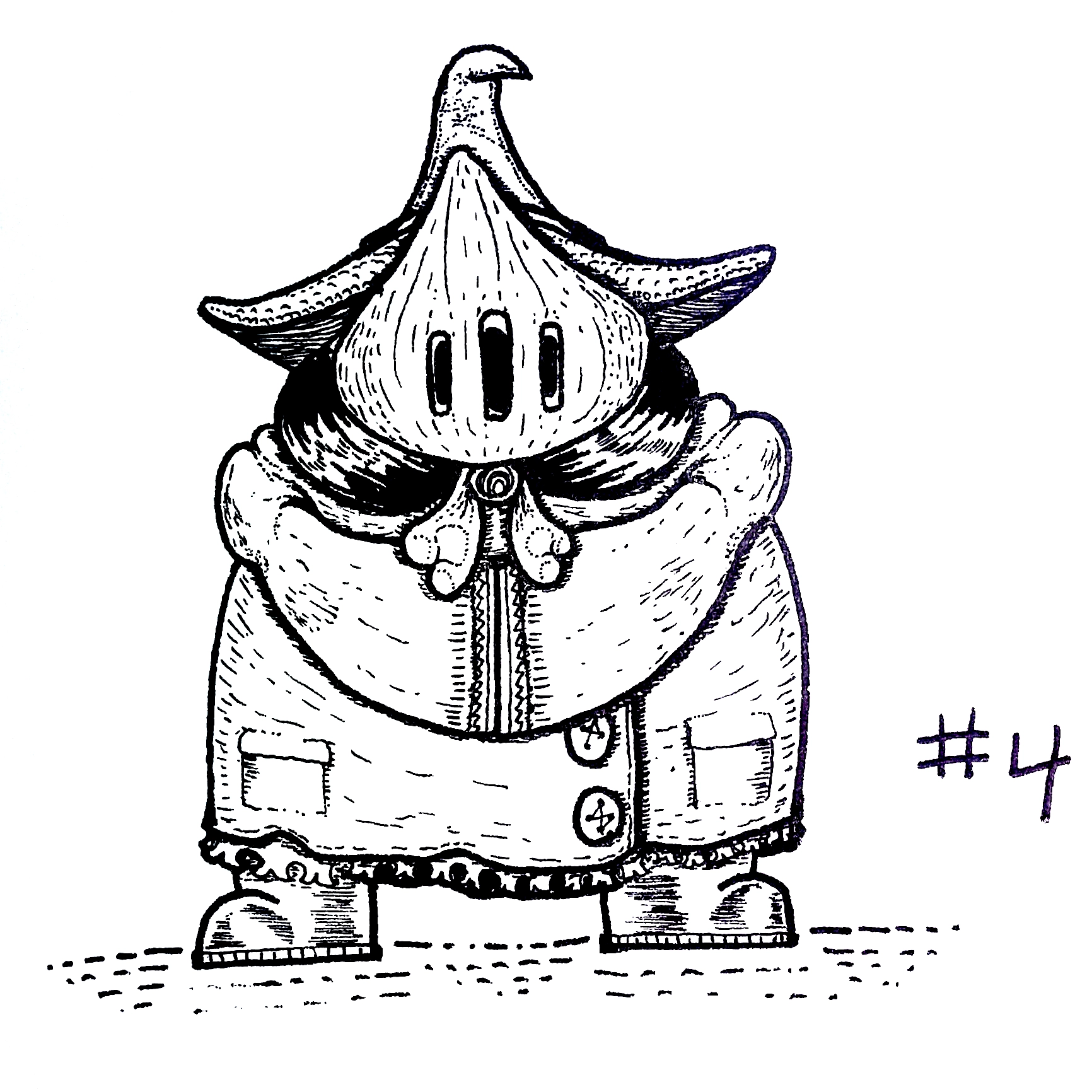 drawing of a cartoon character with a mask with three vertical slats, a witch hat, and a big buttoned coat