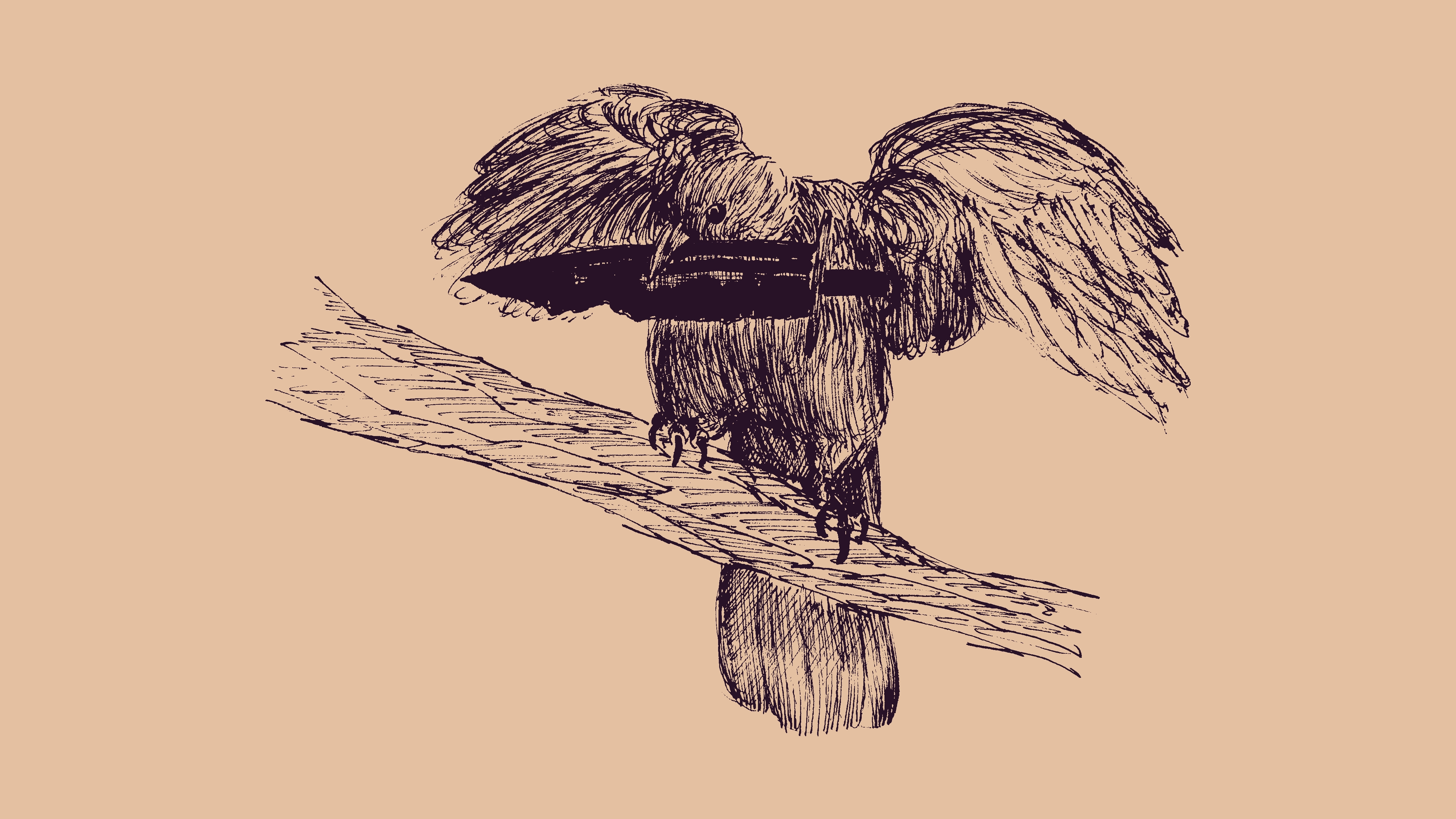 sketch of a crow perched on a branch. it's holding the knife from the previous sketch in its beak and has its wings raised