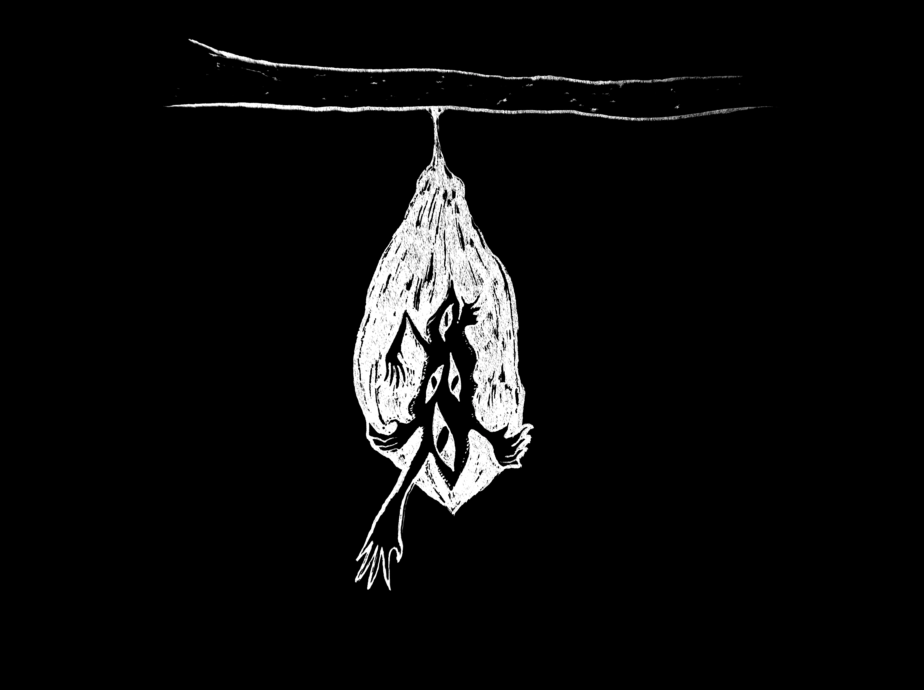 drawing of a cocoon hanging from a branch with multiple arms and eyes clawing out from inside