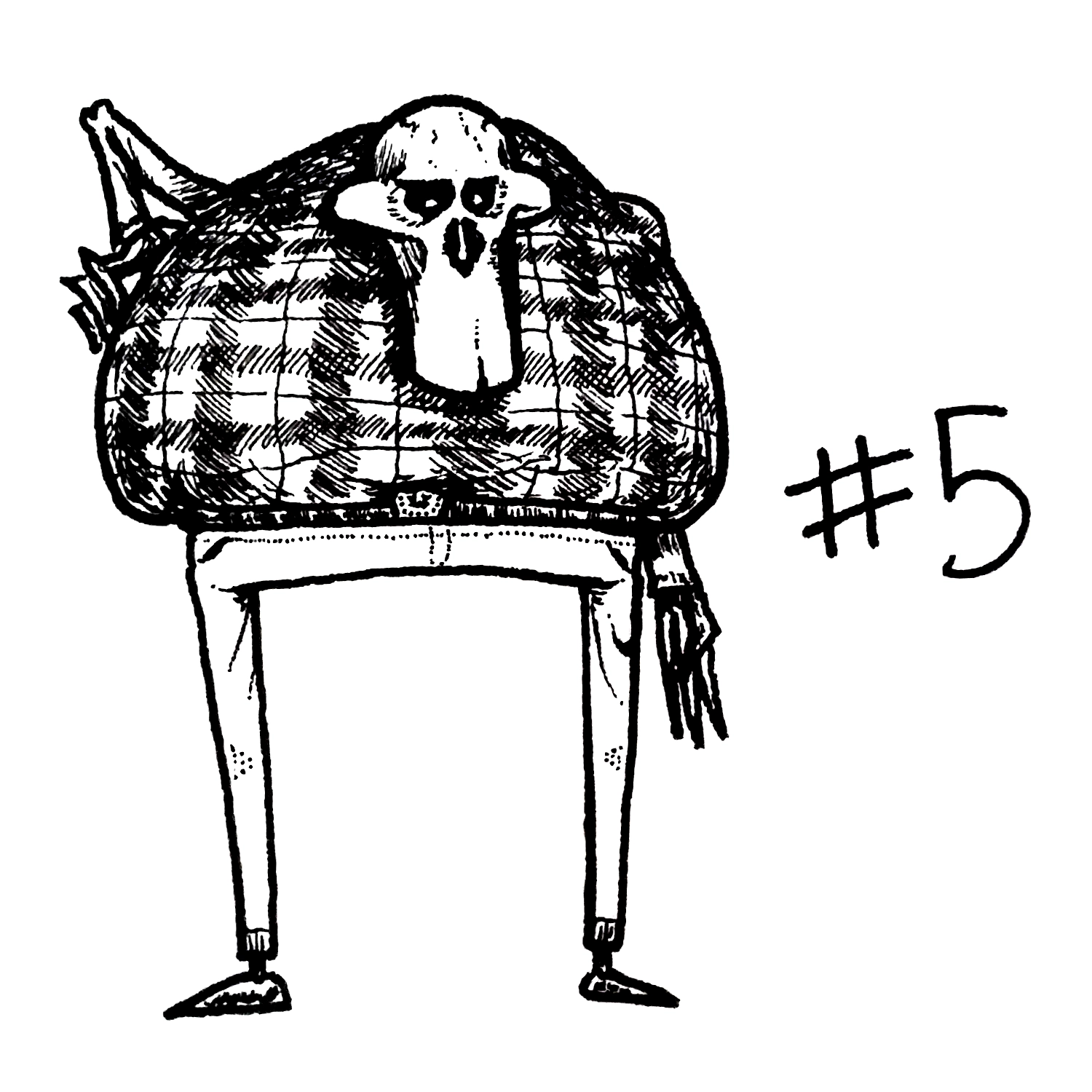 drawing of a cartoon skeleton with a tall skull, wide body, and long thin limbs in a plaid shirt and jeans