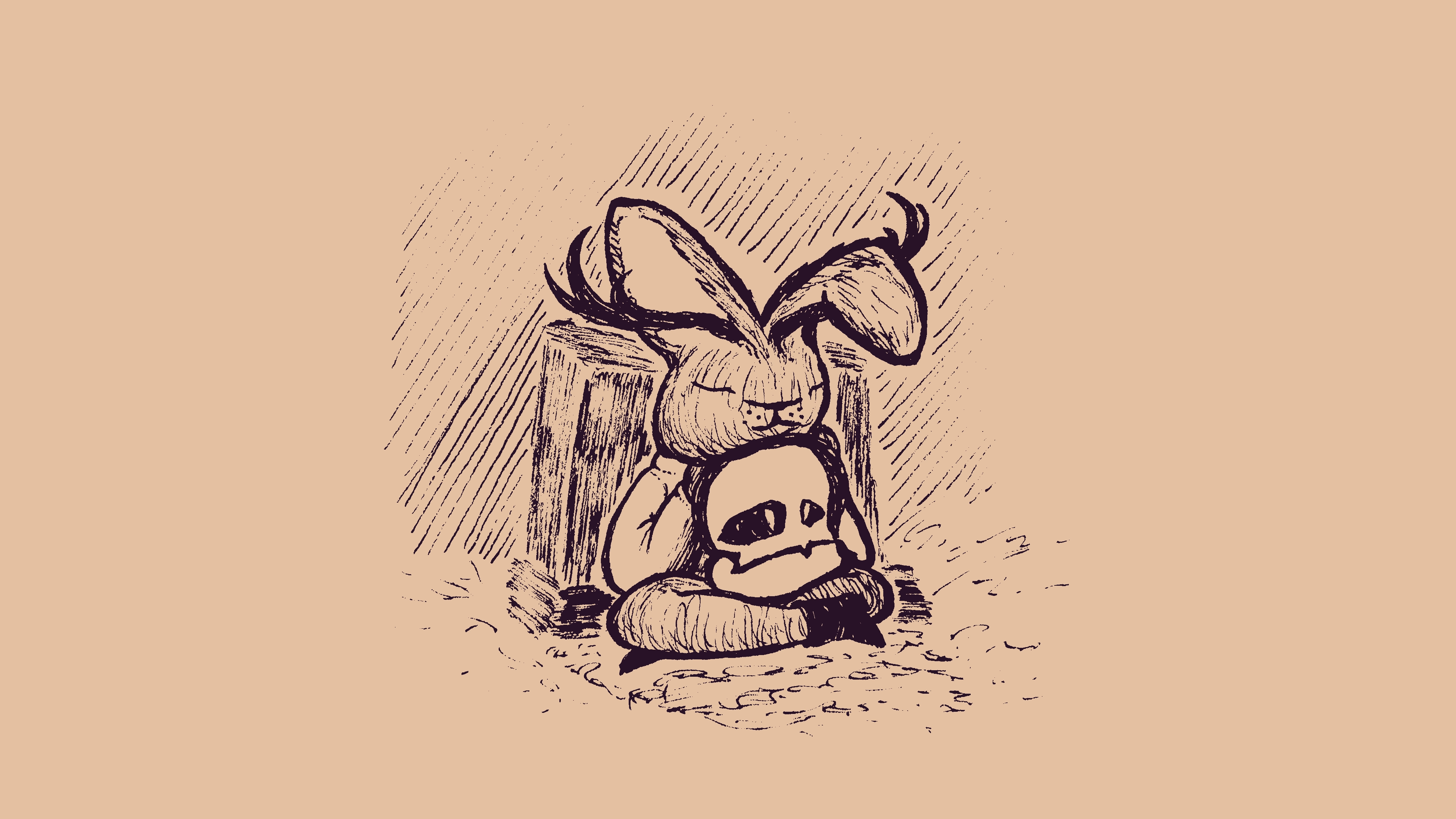 sketch of an anthropomorphic jackalope wearing a sweater and boots sitting by a gravestone. her eyes are closed, and she's resting her head on the talking skull that's sitting in her lap.