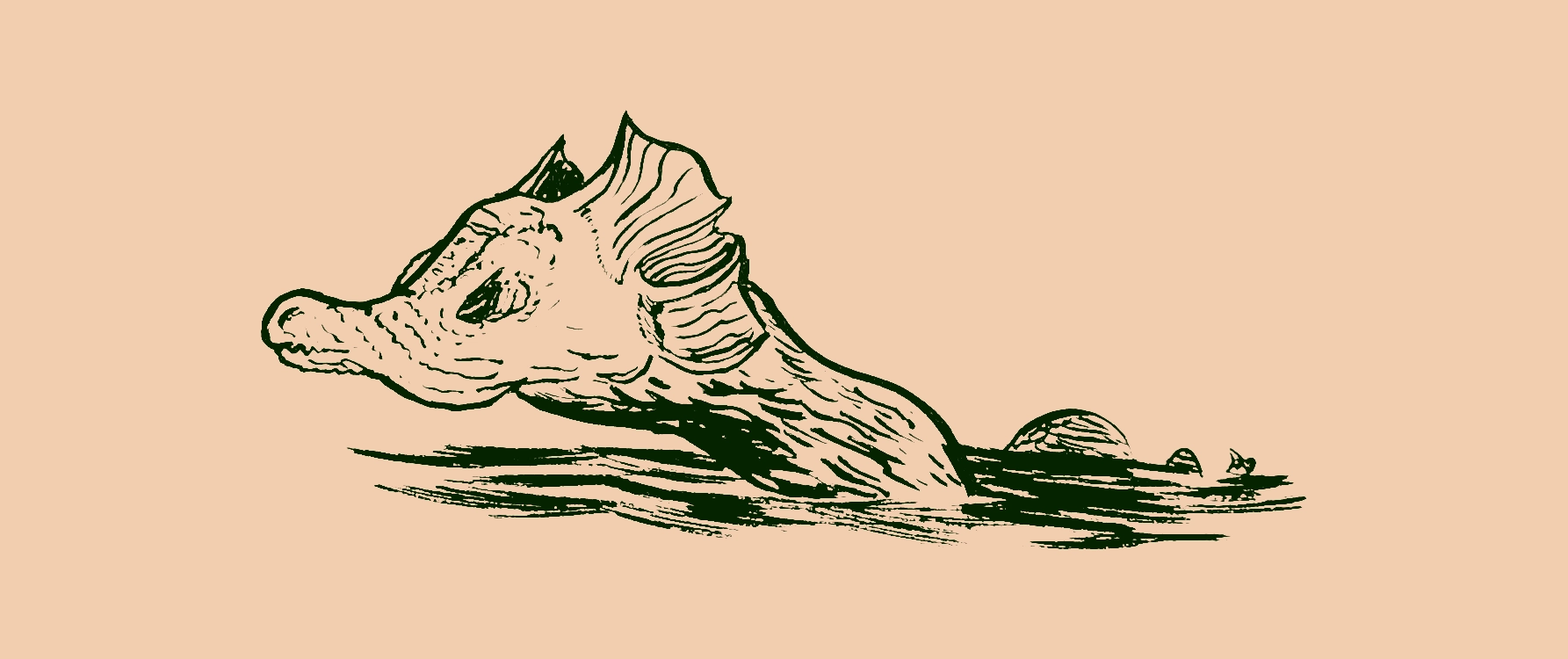 drawing of a sea serpent with a finned head and a saggy face