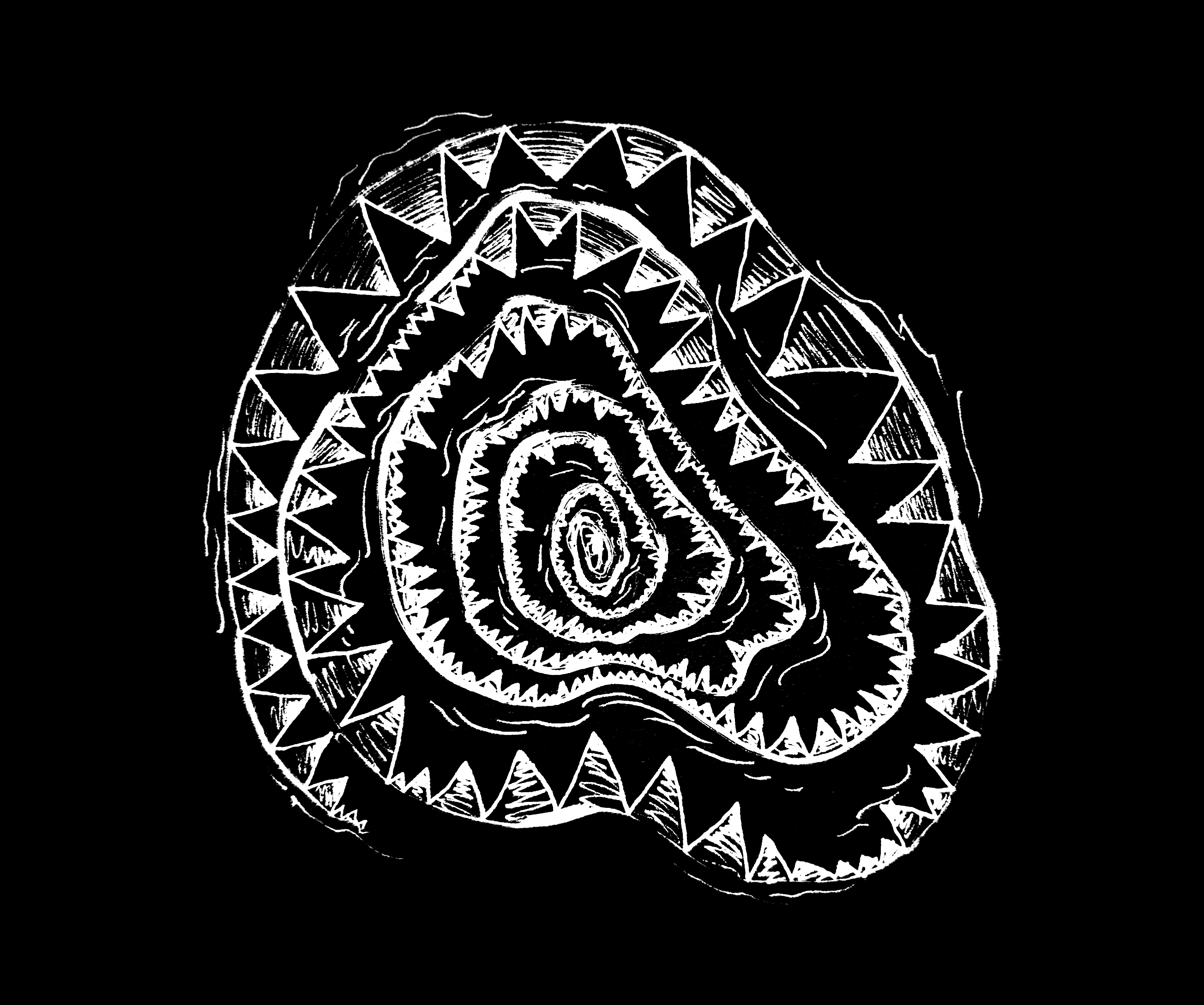 drawing of a row of teeth spiralling in on itself