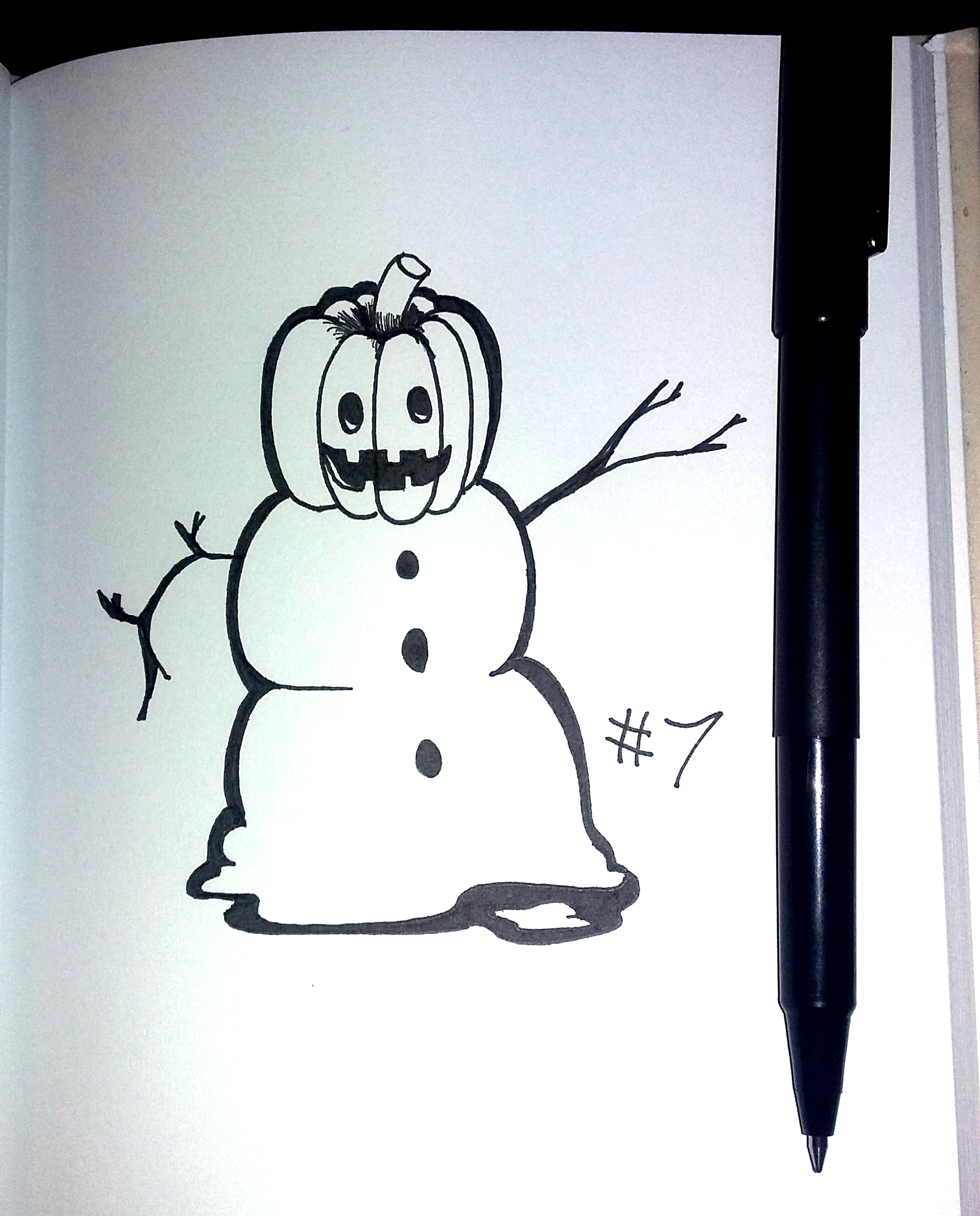 drawing of a snowman with a jack-o-lantern for a head