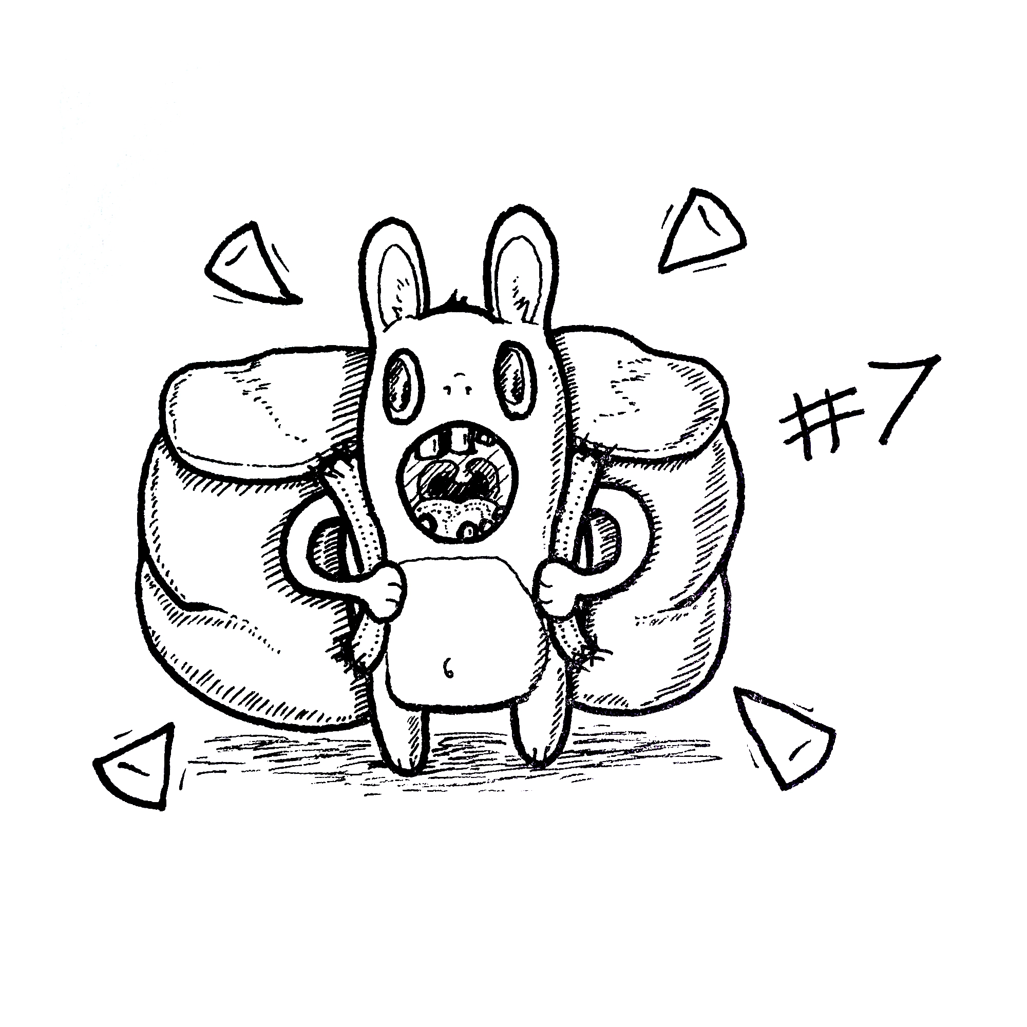 drawing of a cartoon bunny with a huge backpack looking surprised