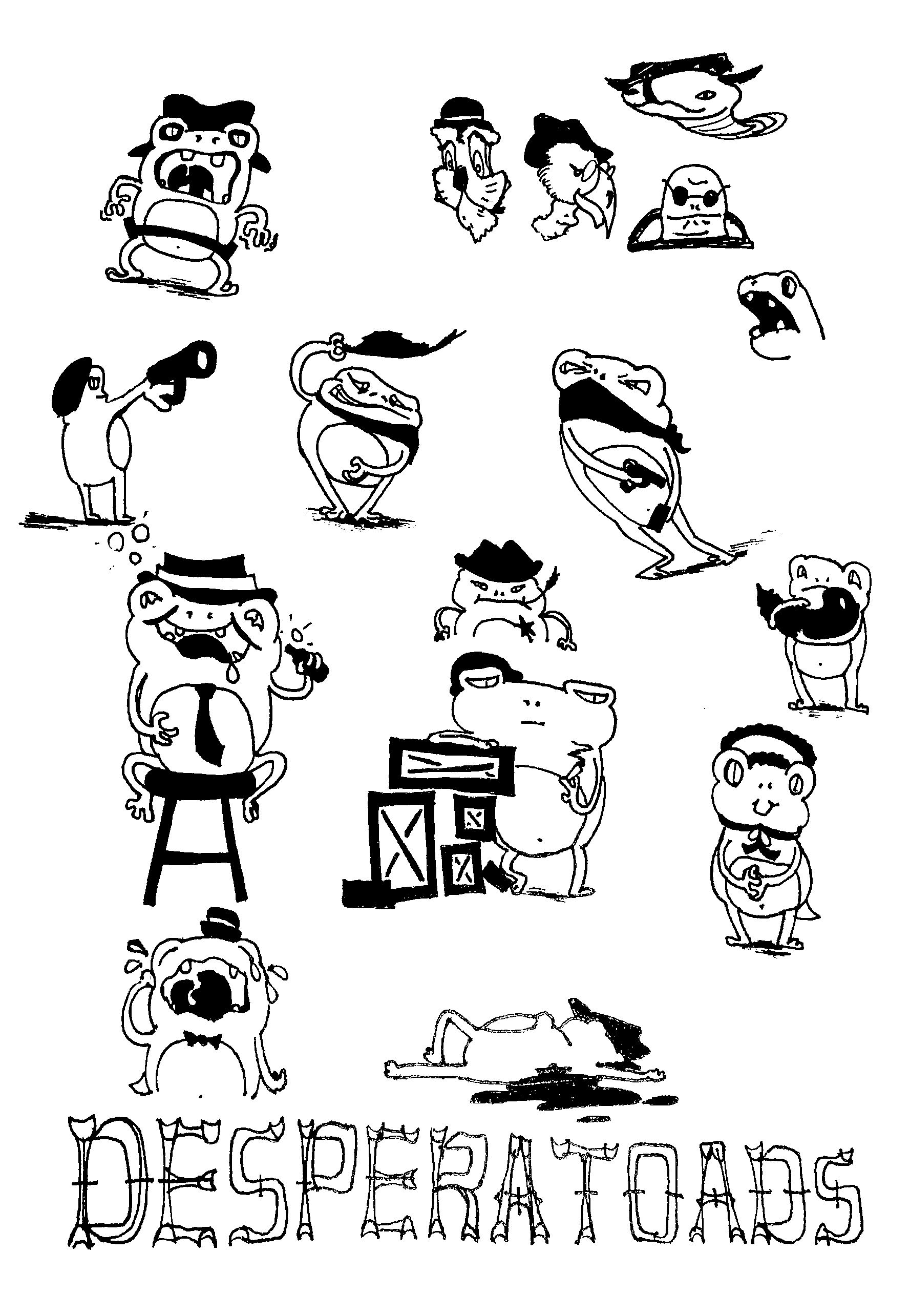 drawings of various cartoon toad characters and title text