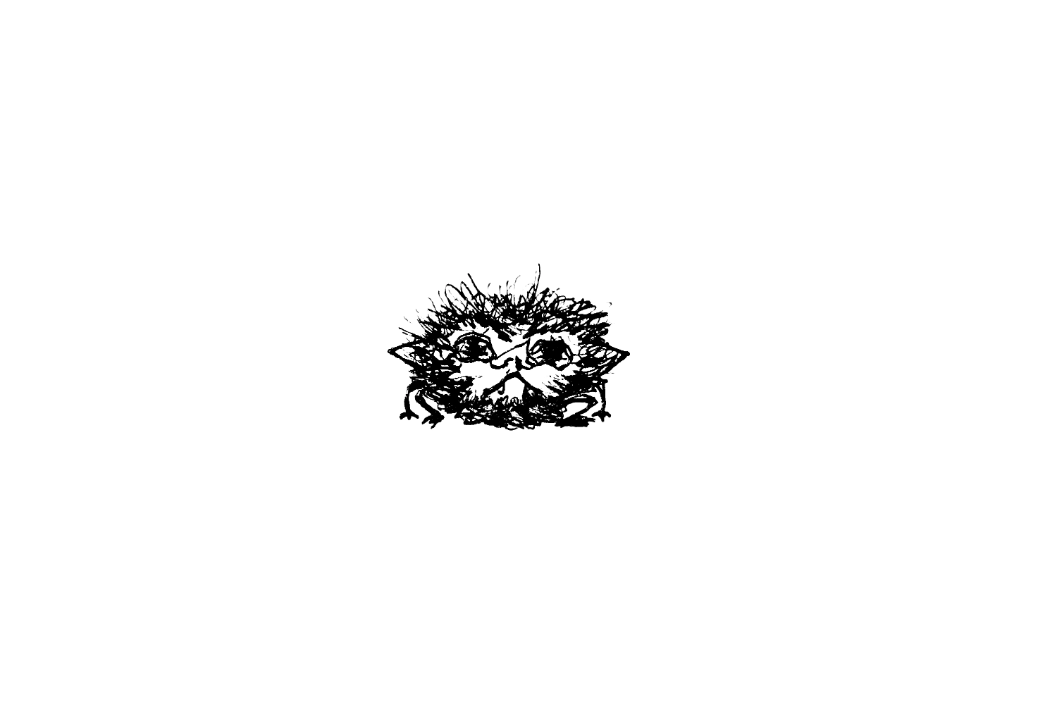 drawing of a little furry goblin crouched down with messy hair, messy eyes, and an unpleased expression