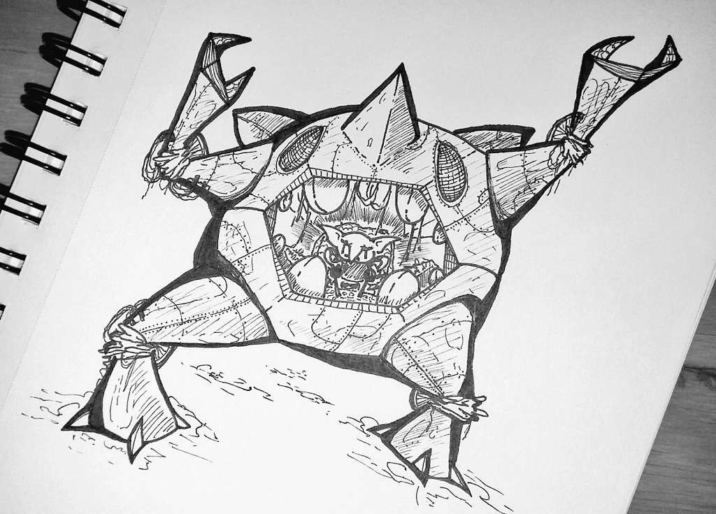 a small goblin piloting a giant patchwork goblin-shaped mech