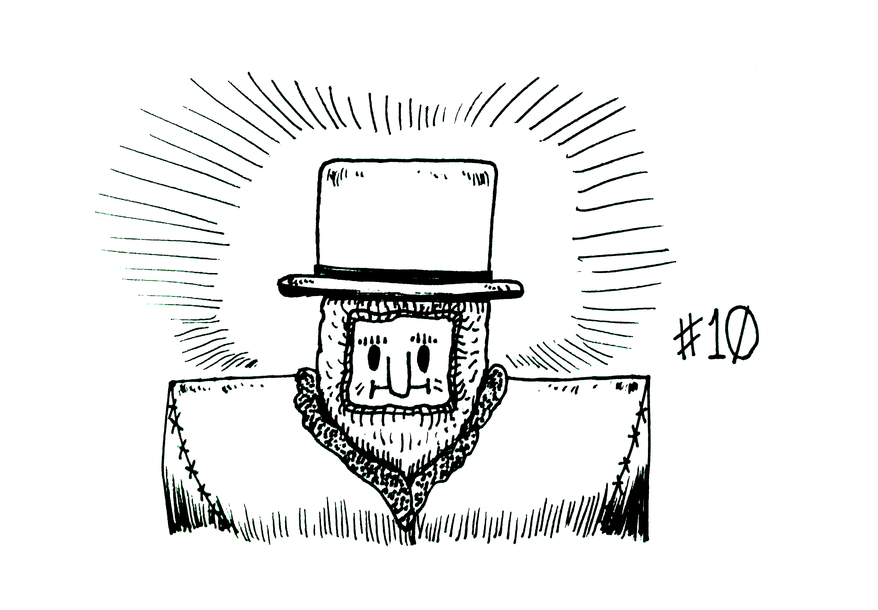 drawing of a cartoon character with squared-off features, fancy shirt and a shining hat