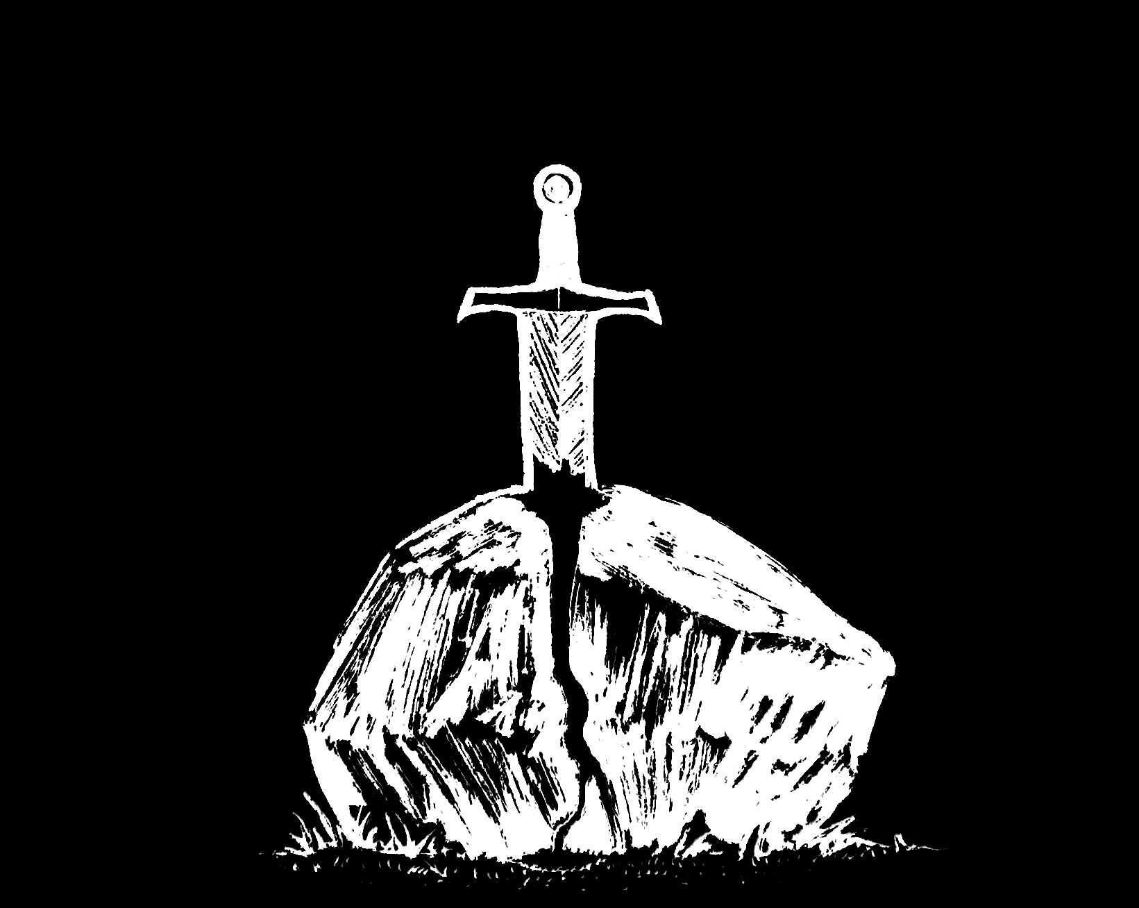 drawing of a sword stuck in a stone with a rivulet of blood running out