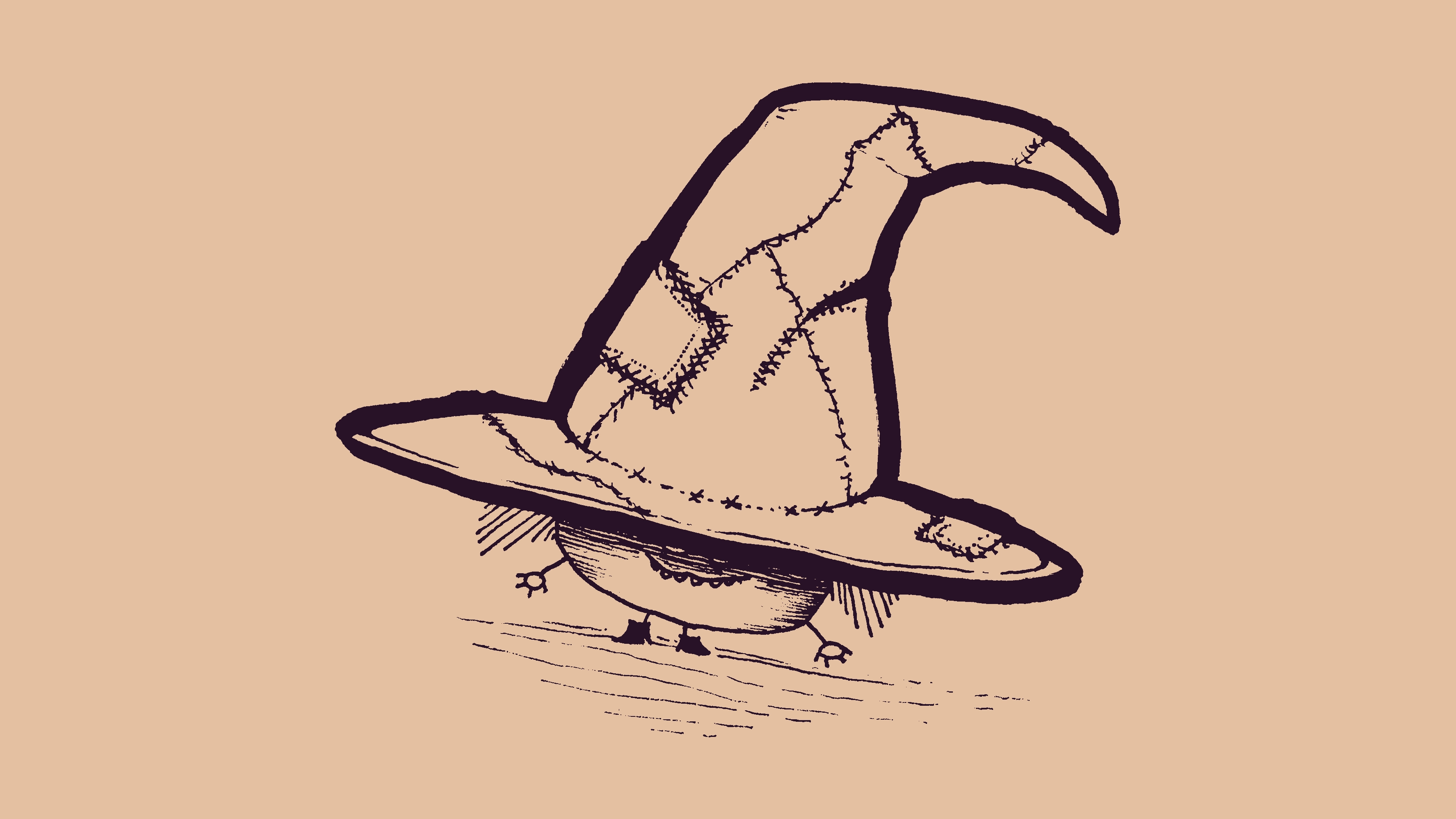 a drawing of a cartoon witch. the witch is a small, blob-like character with a little grin, and is wearing a giant patchwork witch hat