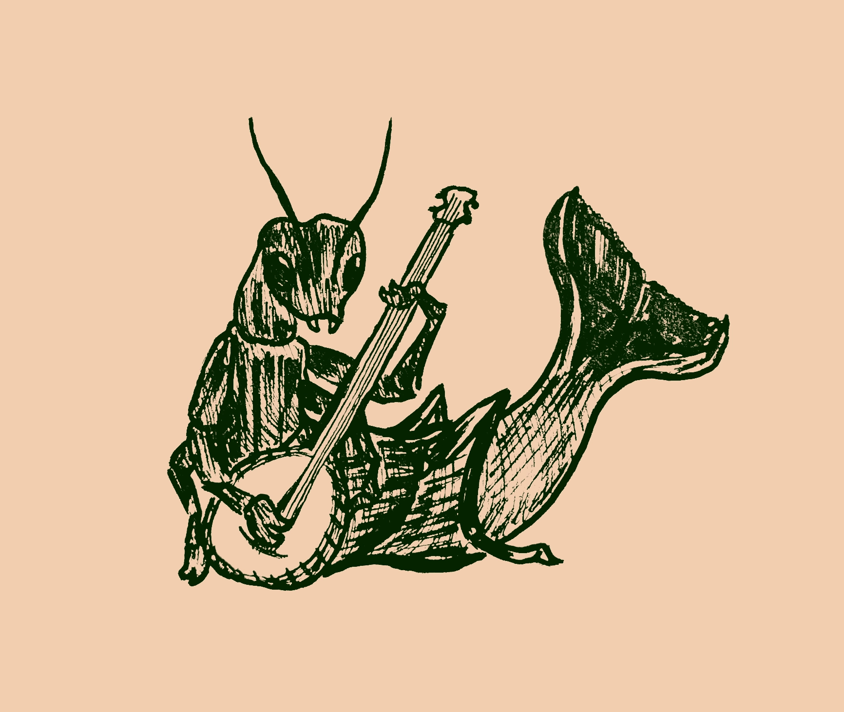 Drawing of a half-earwig, half-whale creature playing a banjo