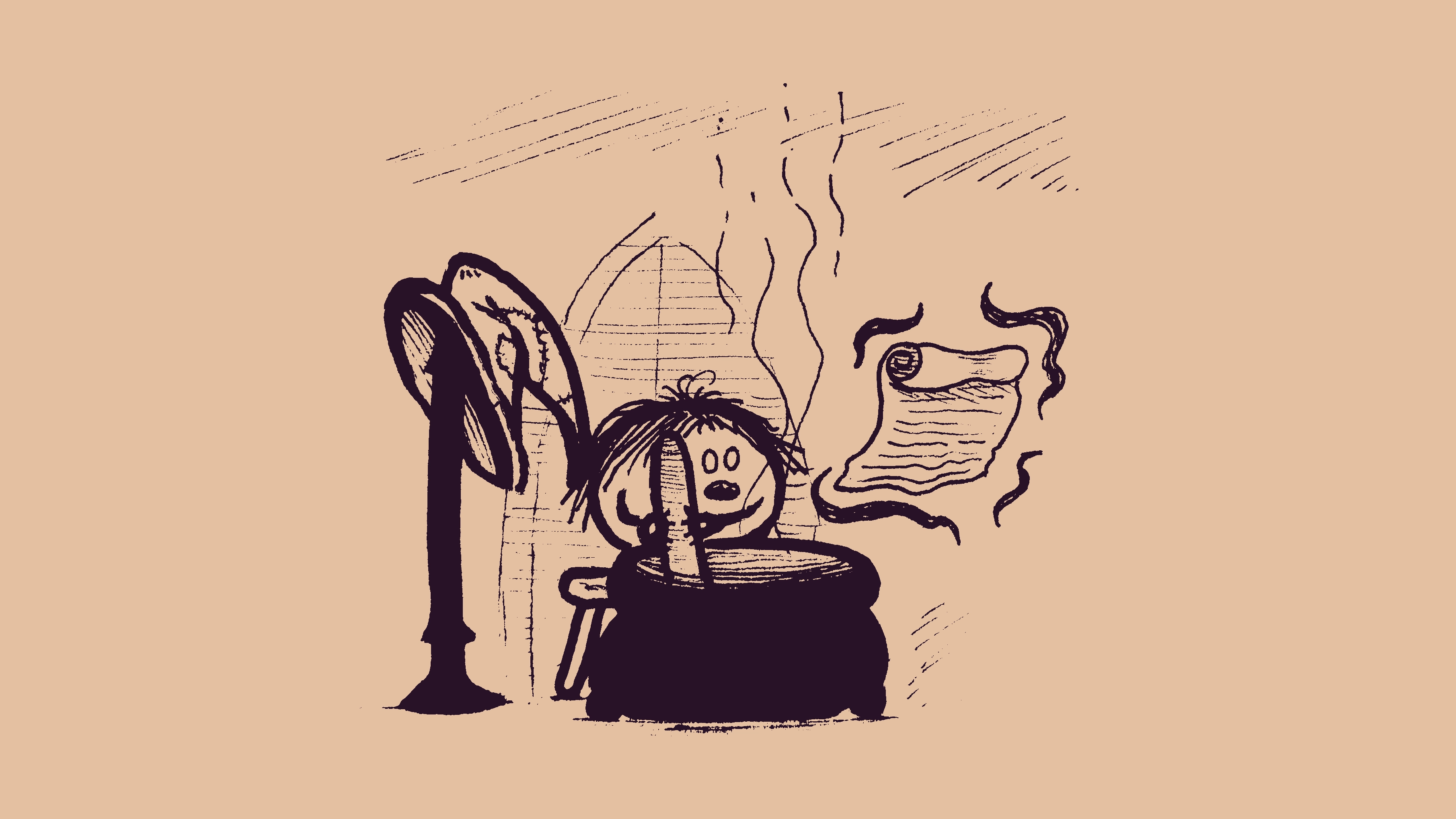 a drawing of a cartoon witch. the witch is a small, blob-like character stirring a cauldron while looking at a levitating scroll