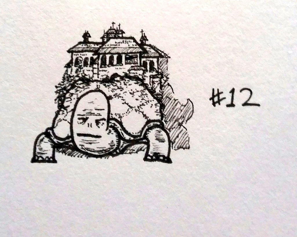 drawing of an old tortoise with a villa constructed on its back