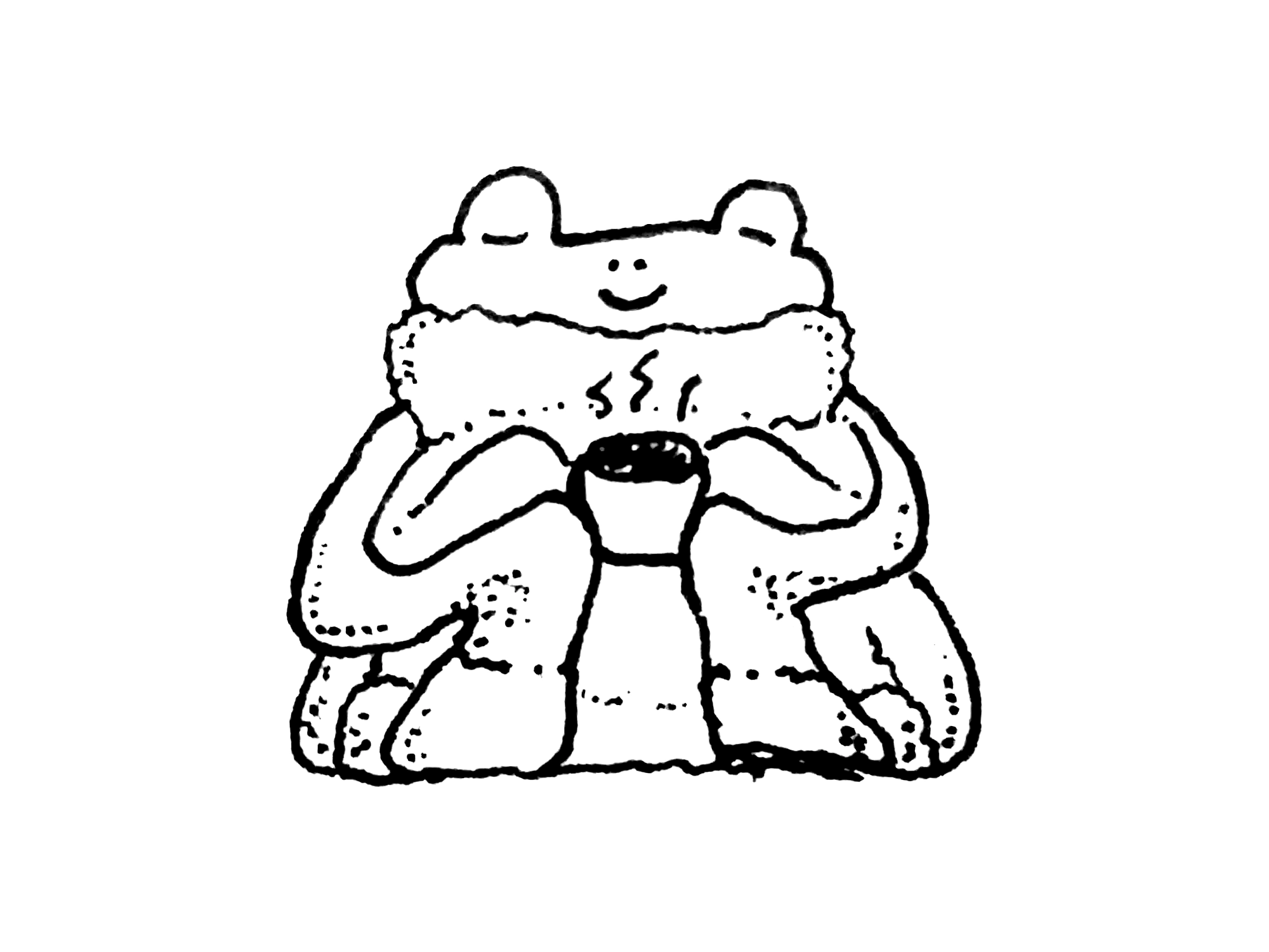 a frog in an oversized wool sweater sitting down with a cup of tea