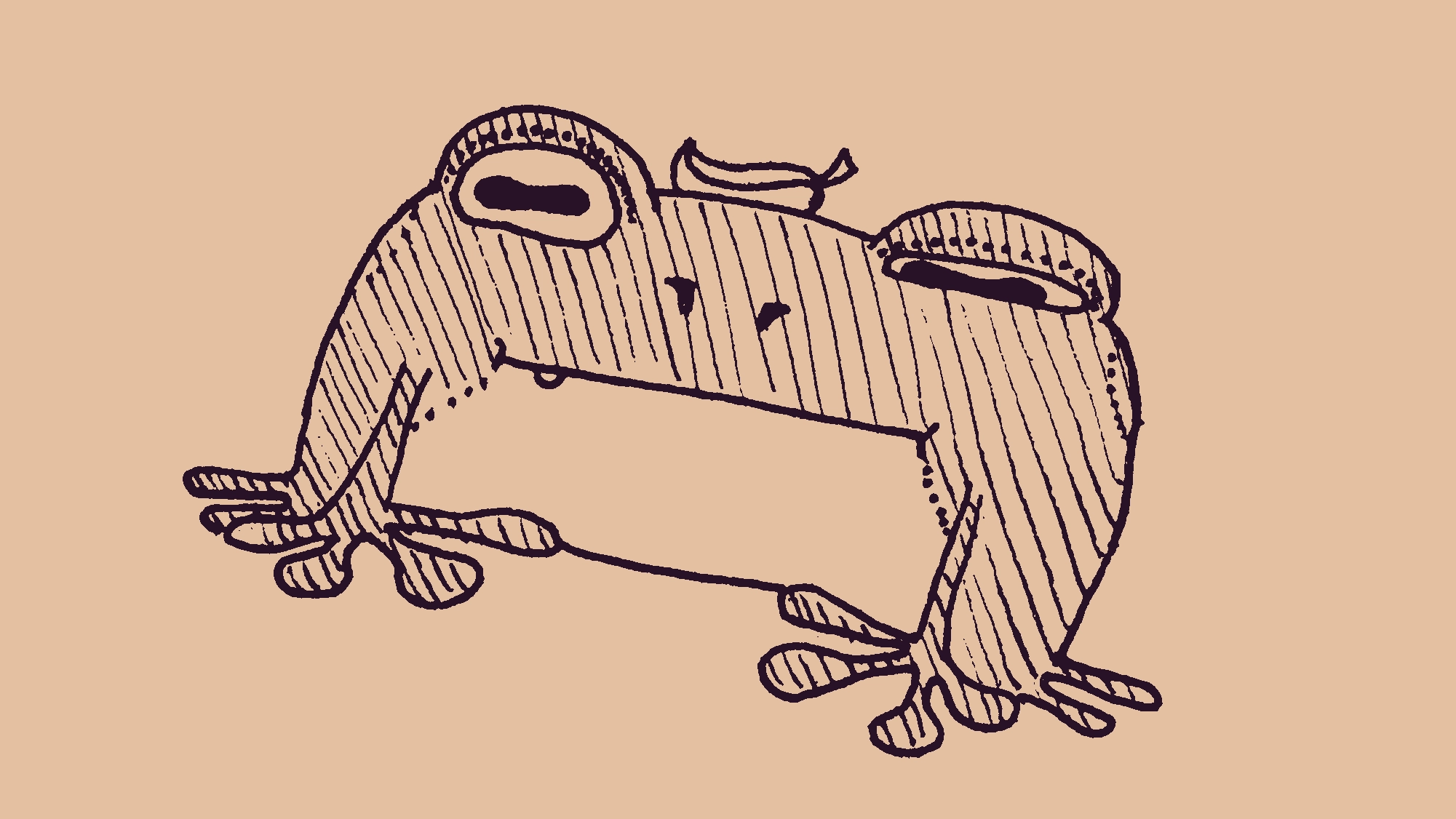 drawing of a cartoon frog with a leaf on its head. the frog is slightly sticking out its tongue