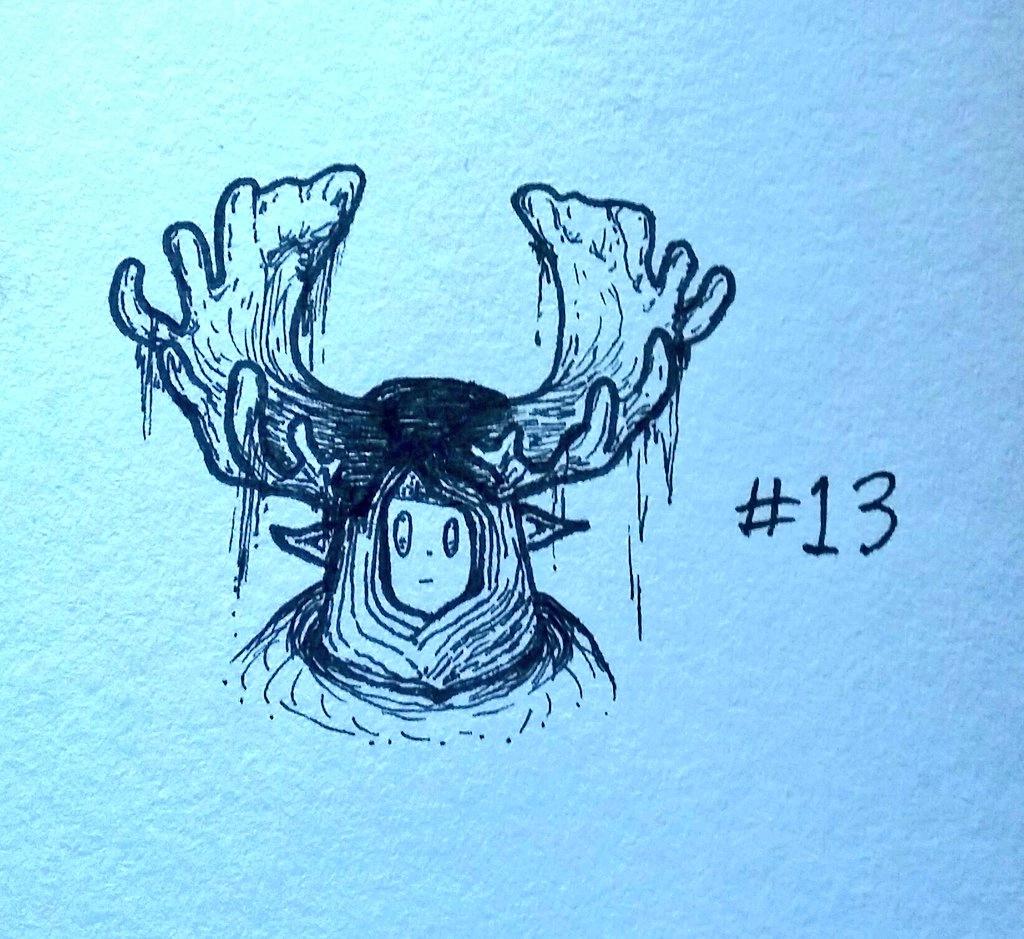 drawing of a head with a simple face and large, moose-like antlers shedding velvet