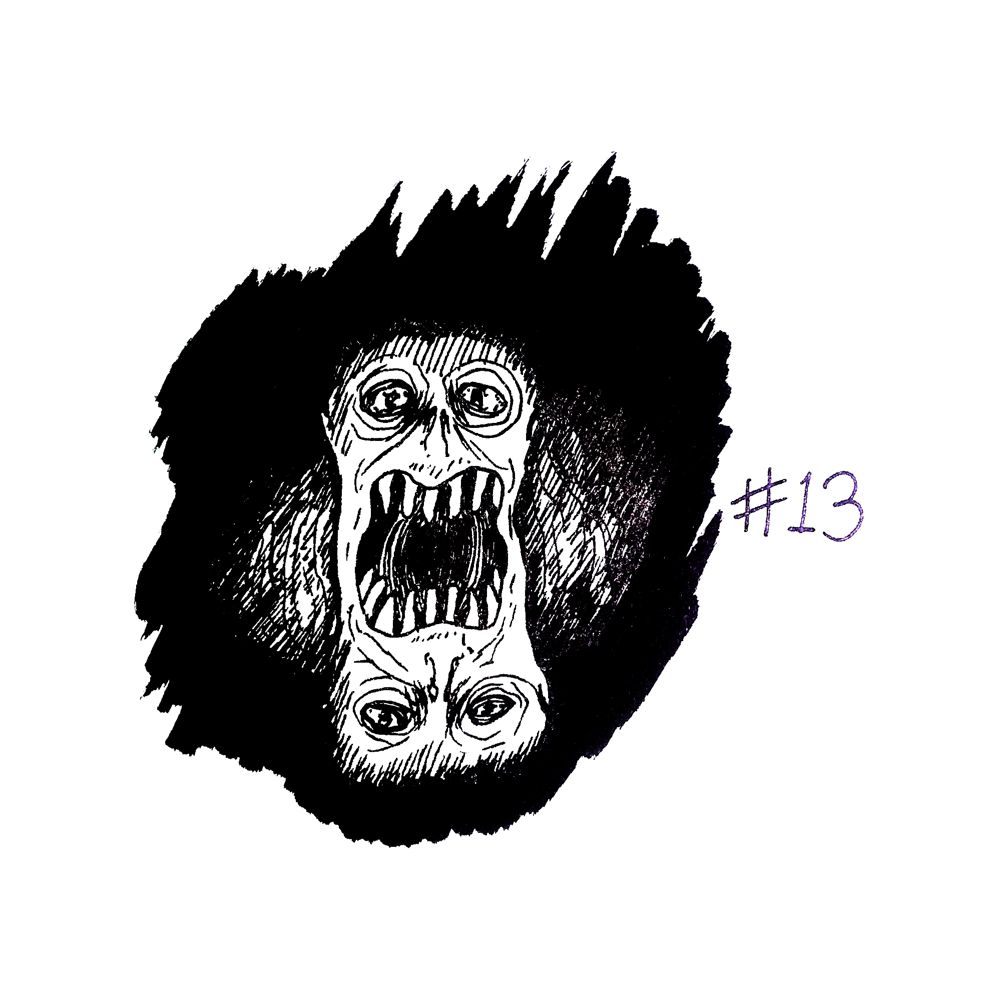 drawing of a ghoulish face with a second set of eyes and nose vertically mirrored around its gaping mouth