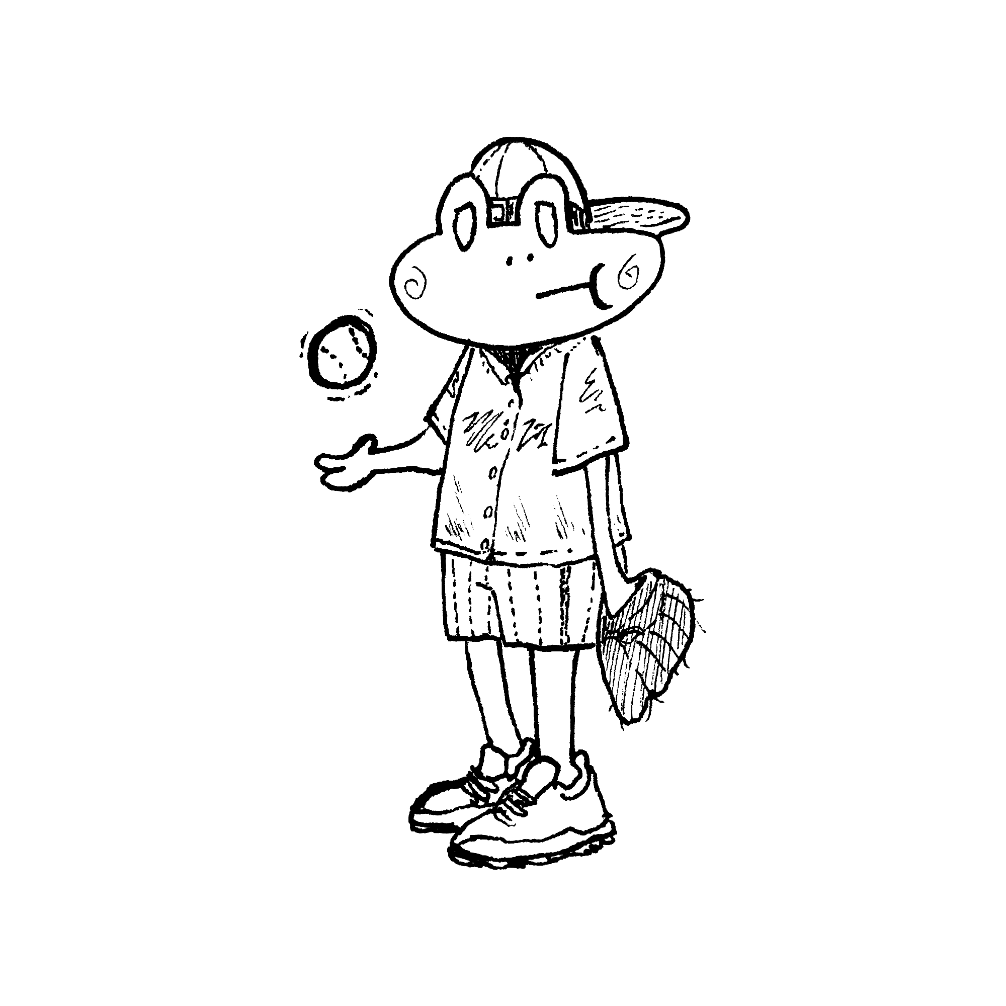 a frog wearing a baseball uniform and a catcher's mitt, tossing a baseball in the air