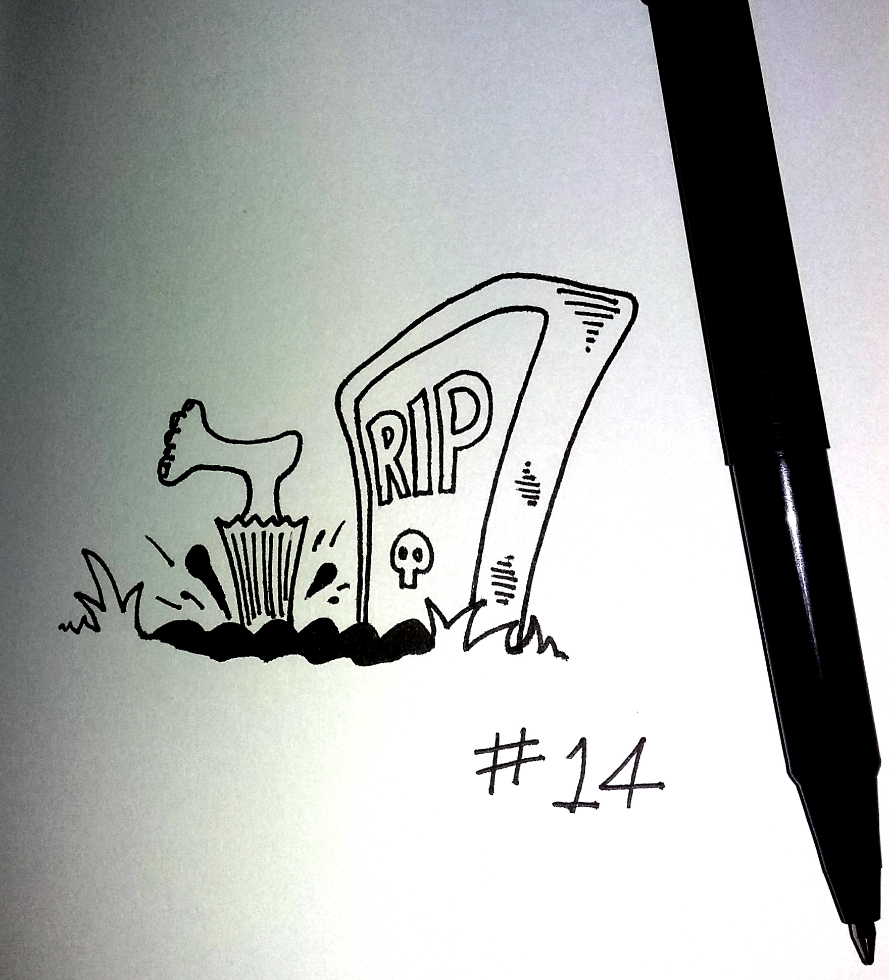 drawing of a cartoon gravestone with a foot kicking out of the dirt in front of it