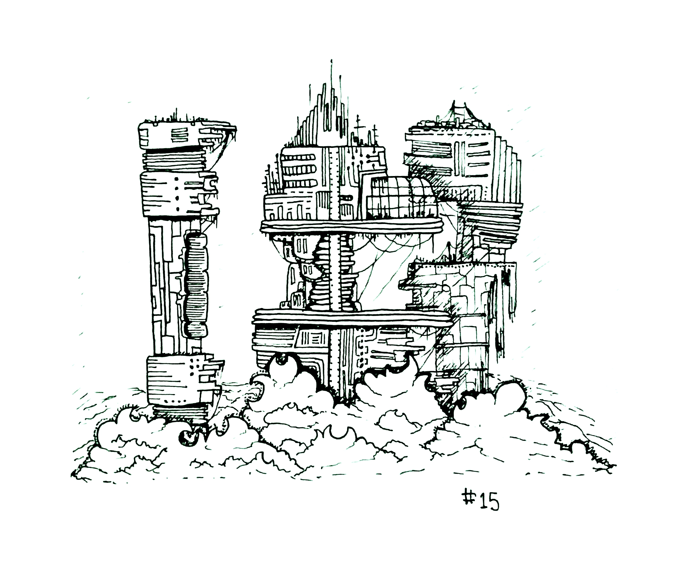 drawing of a futuristic city rising above a blobby crescent-filled landscape