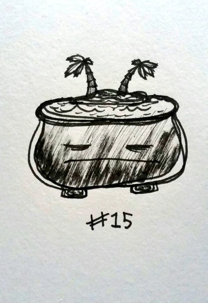 drawing of a bowl with an annoyed face. the bowl is filled with water and has a small island with palm trees floating inside it