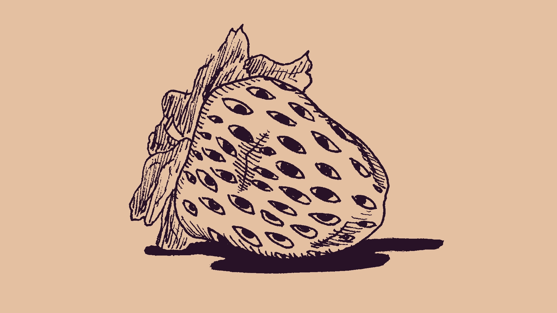 sketch of a strawberry with eyes where the seeds would be, lying in a pool of dark liquid