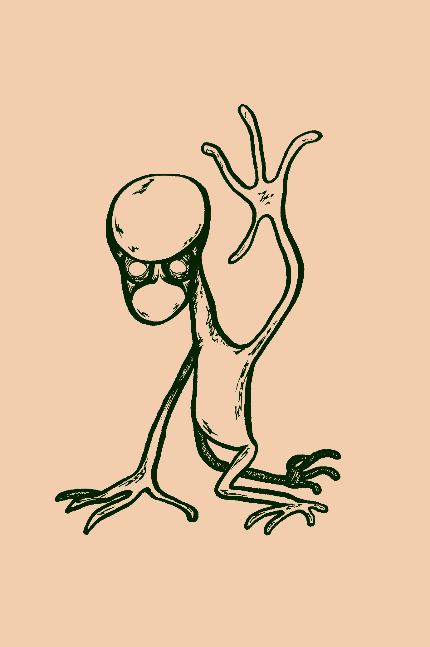 Drawing of a thin, humanoid figure with a large head, no eyes/mouth, and four long spindly digits on its hands and feet