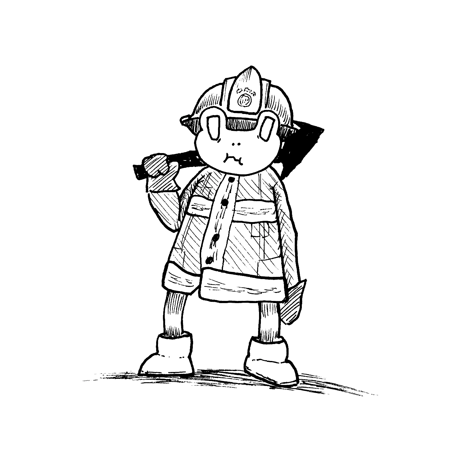 a frog in a firefighter's outfit with an axe slung over one shoulder