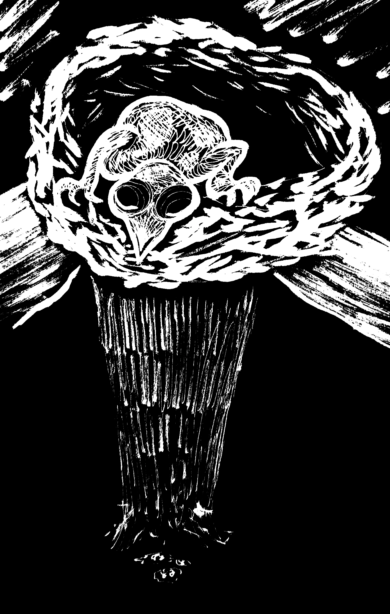 drawing of a baby cuckoo in a nest, looking down to the base of the tree where there are small splats