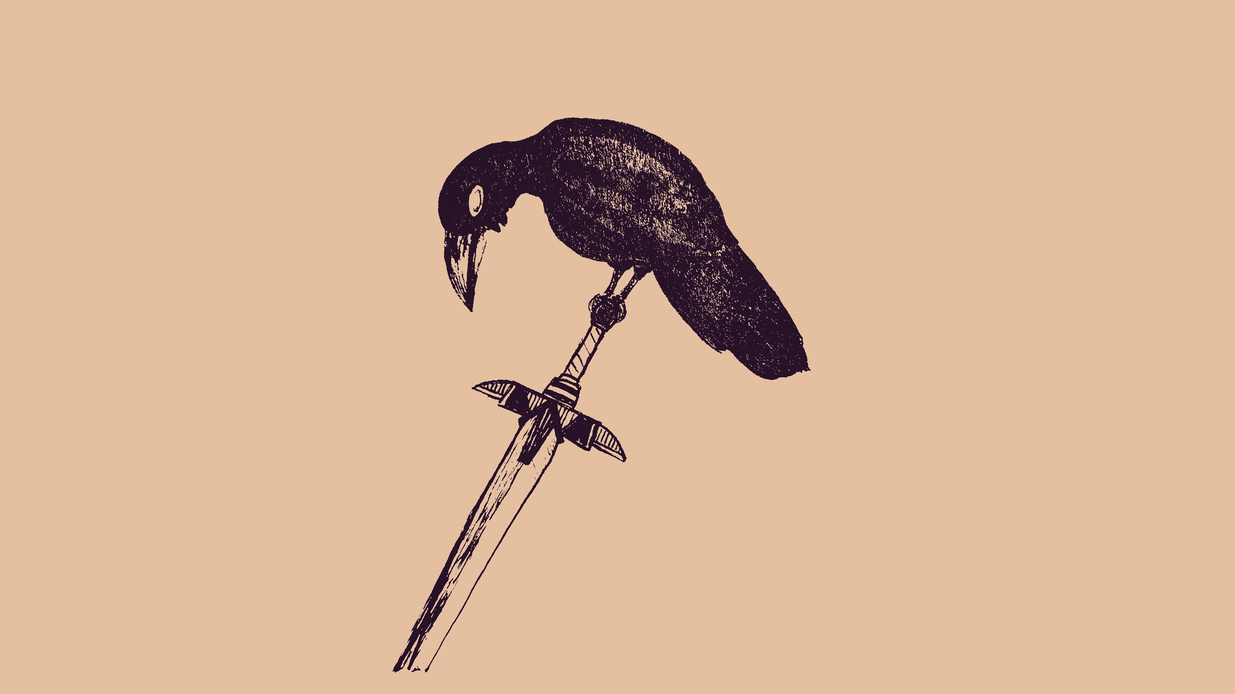 sketch of a raven perched on a claymore stuck into the ground