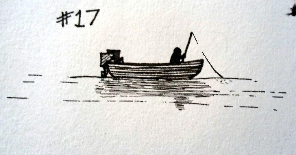 drawing of a silhouetted figure fishing from a small motorboat on the reflective surface of a lake