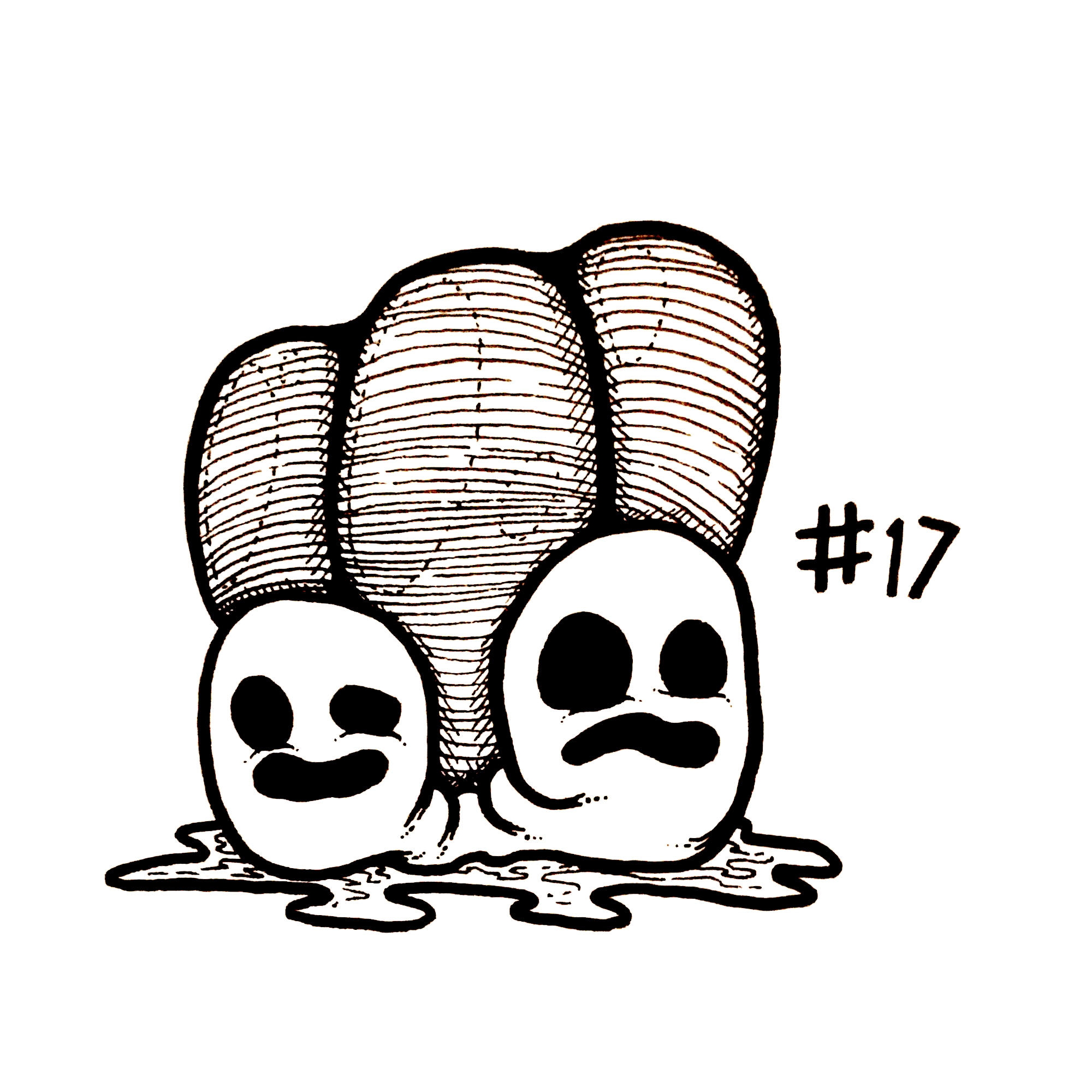 drawing of a creature with two blobby heads underneath three bulbous pillars