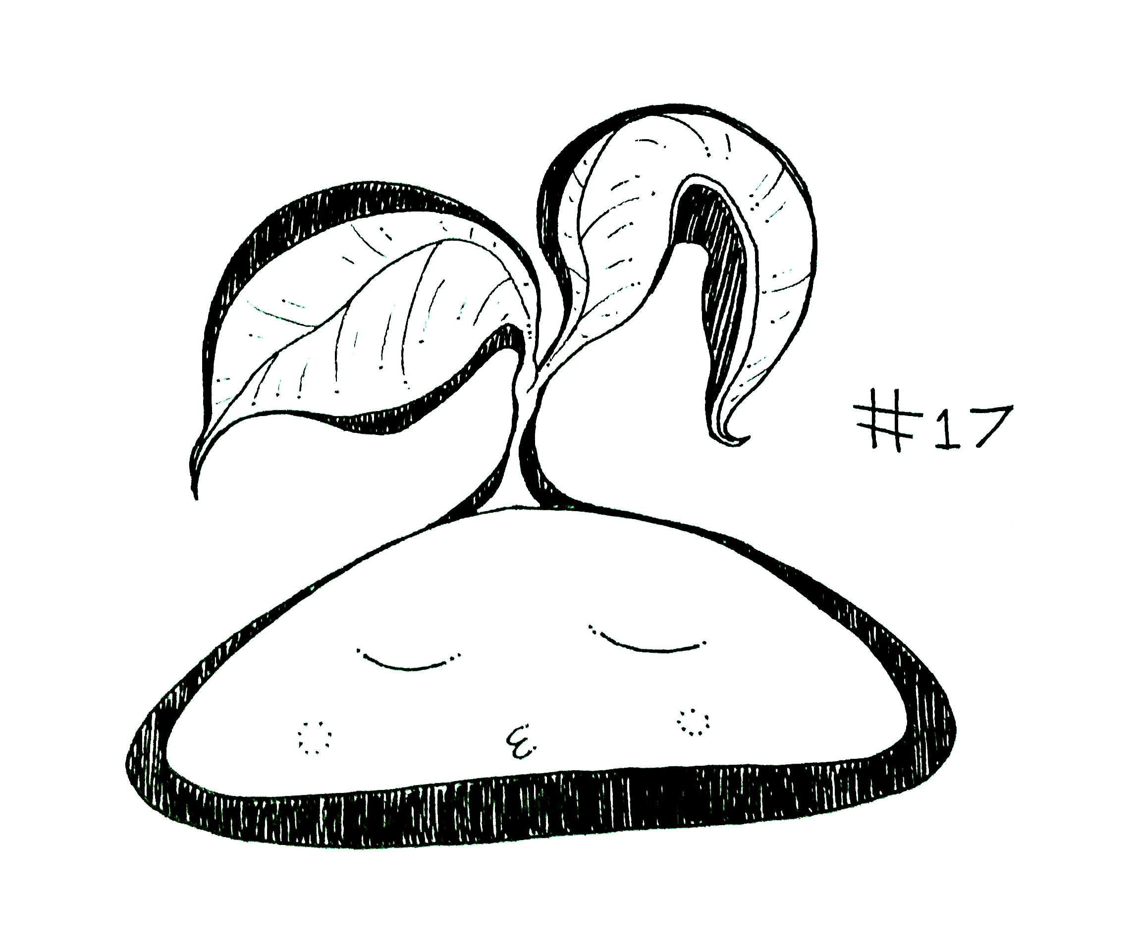 drawing of a wide blobby creature with leaves sticking out its head sleeping peacefully