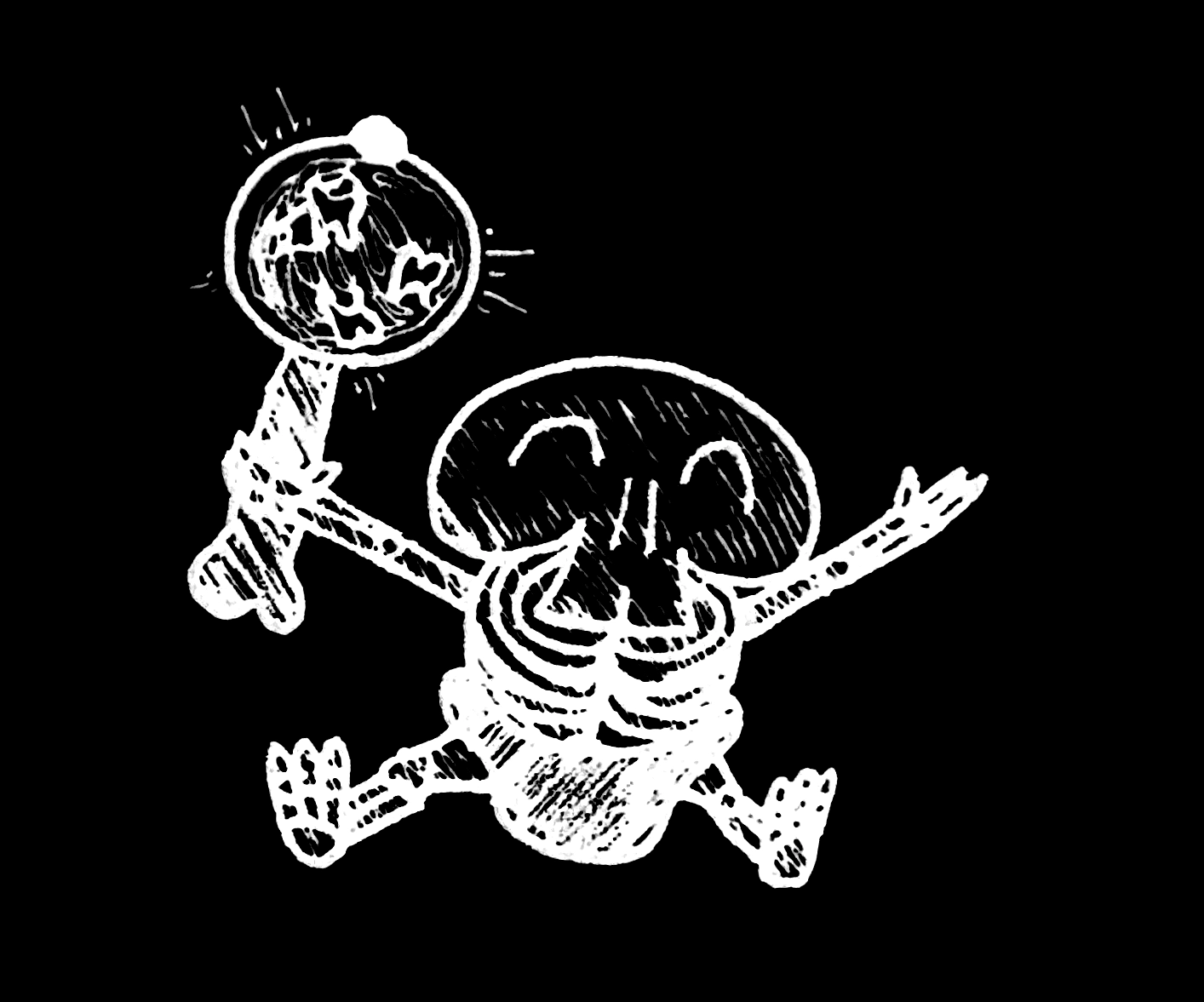 drawing of a cartoon baby skeleton shaking a rattle filled with teeth