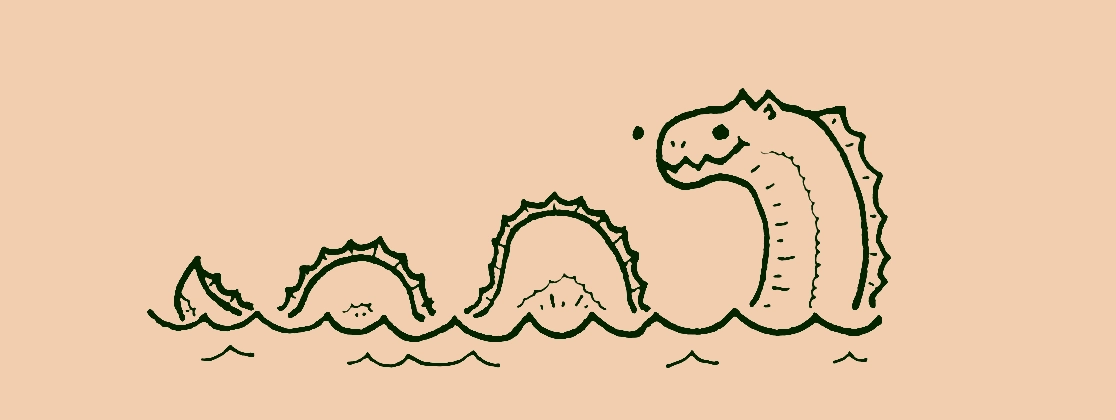 Drawing of a sea serpent with goofy, cartoony features coiling out of water and smiling