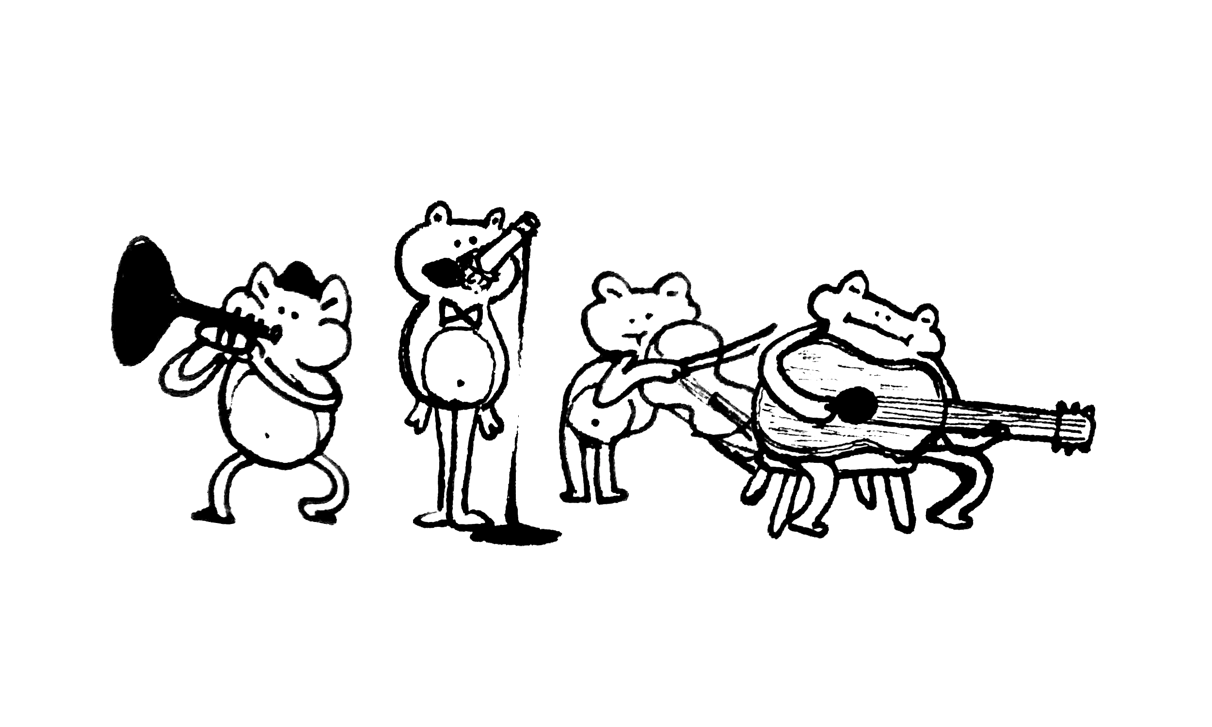 band composed of a frog playing trumpet, a frog singing into a mic, a frog with a fiddle, and a frog sitting down playing a guitar