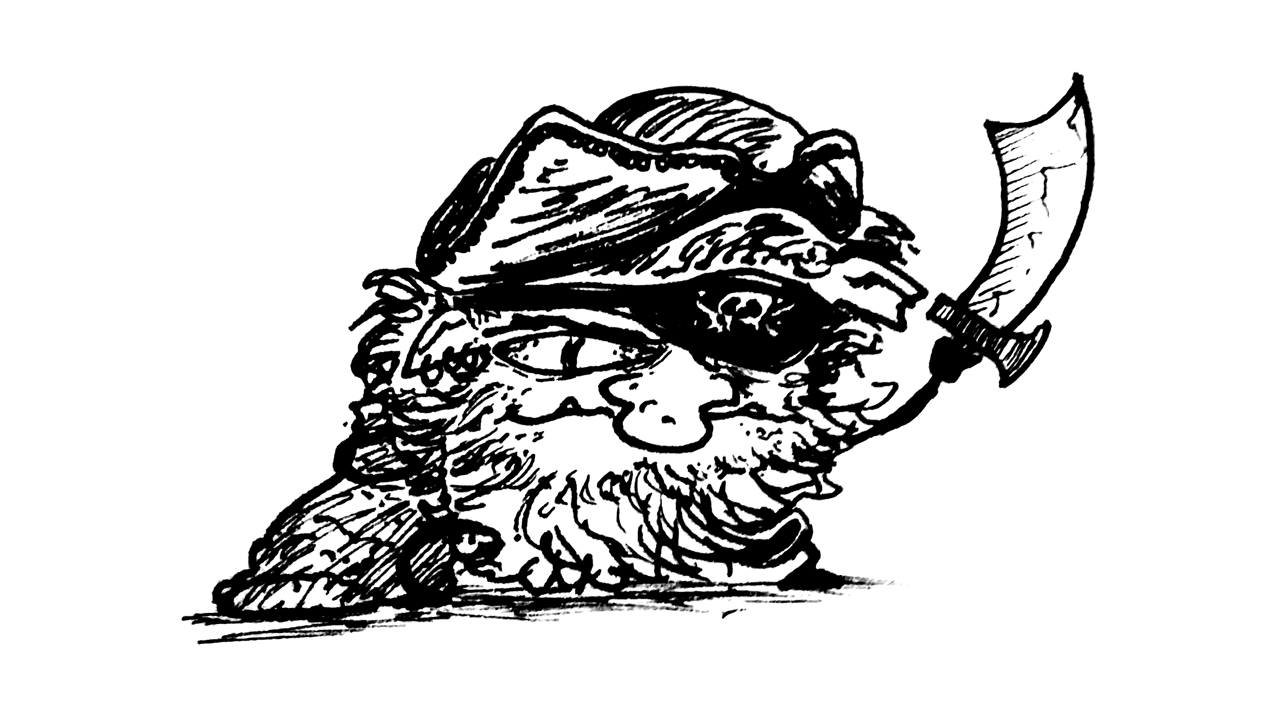 drawing of a furry goblin with an eyepatch, a tricorn hat, and a sabre