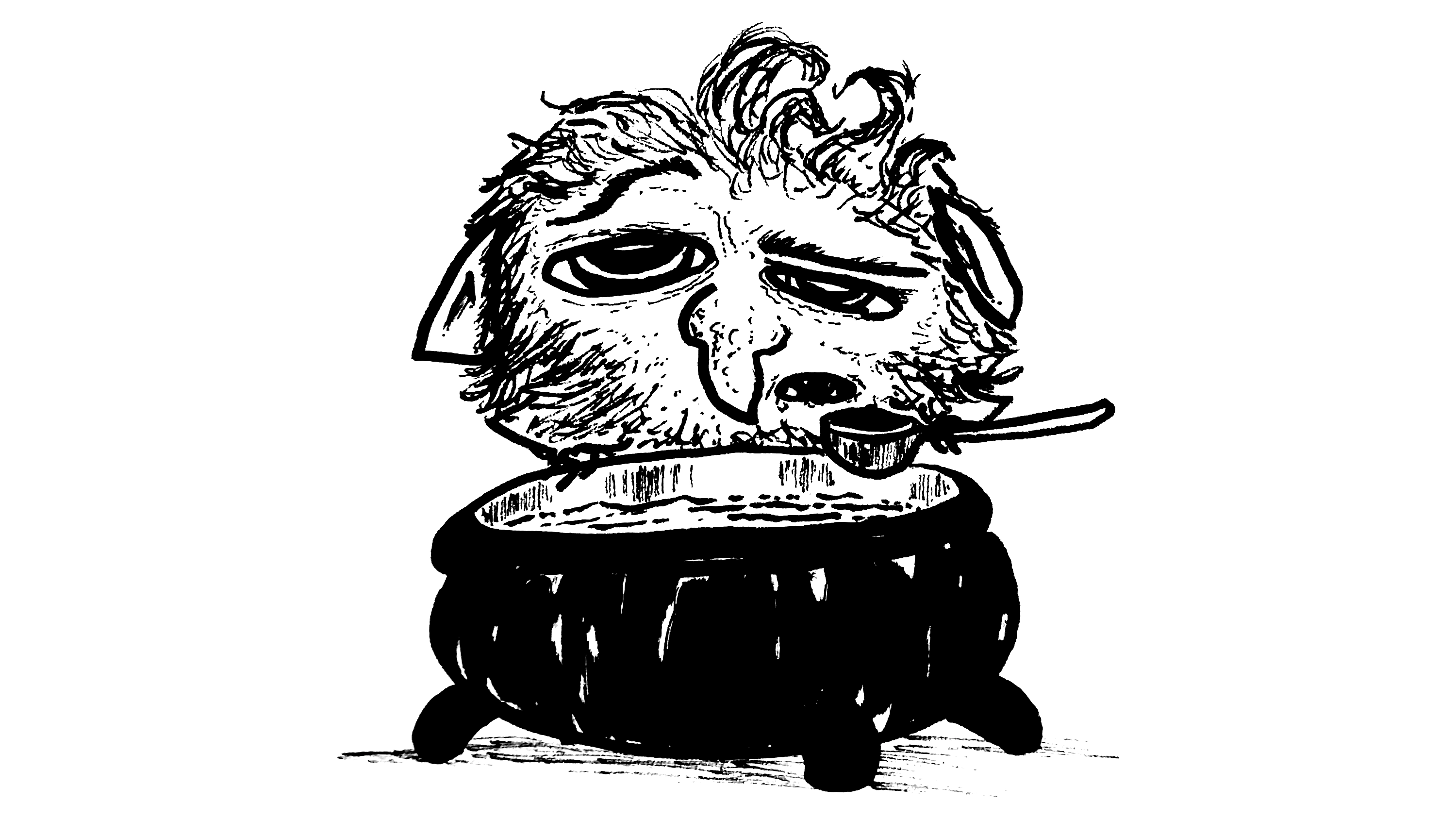 a furry goblin with a tired look hunched over a cauldron with a spoon lifted to their mouth