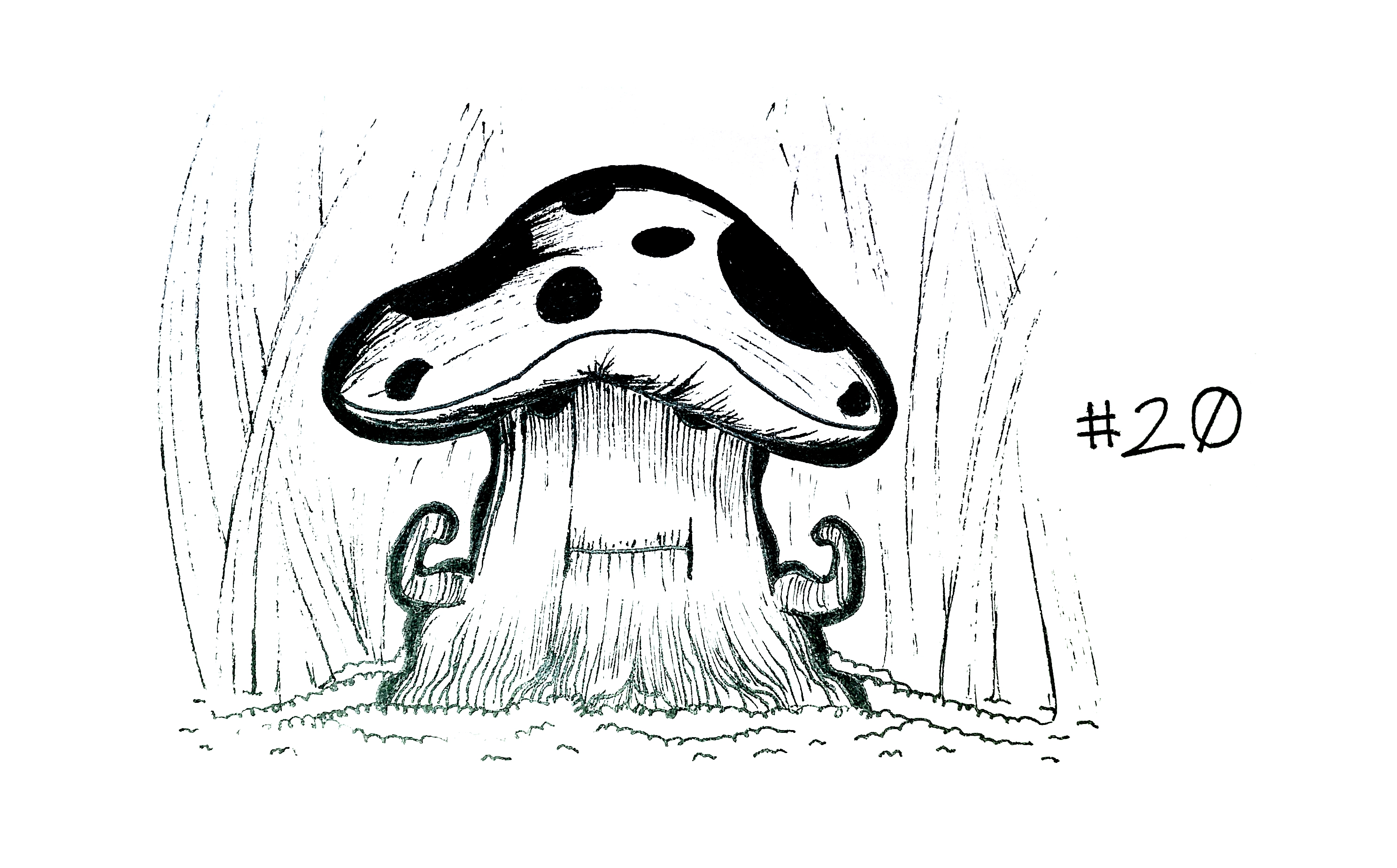 drawing of a mushroom with a face and little flexing arms