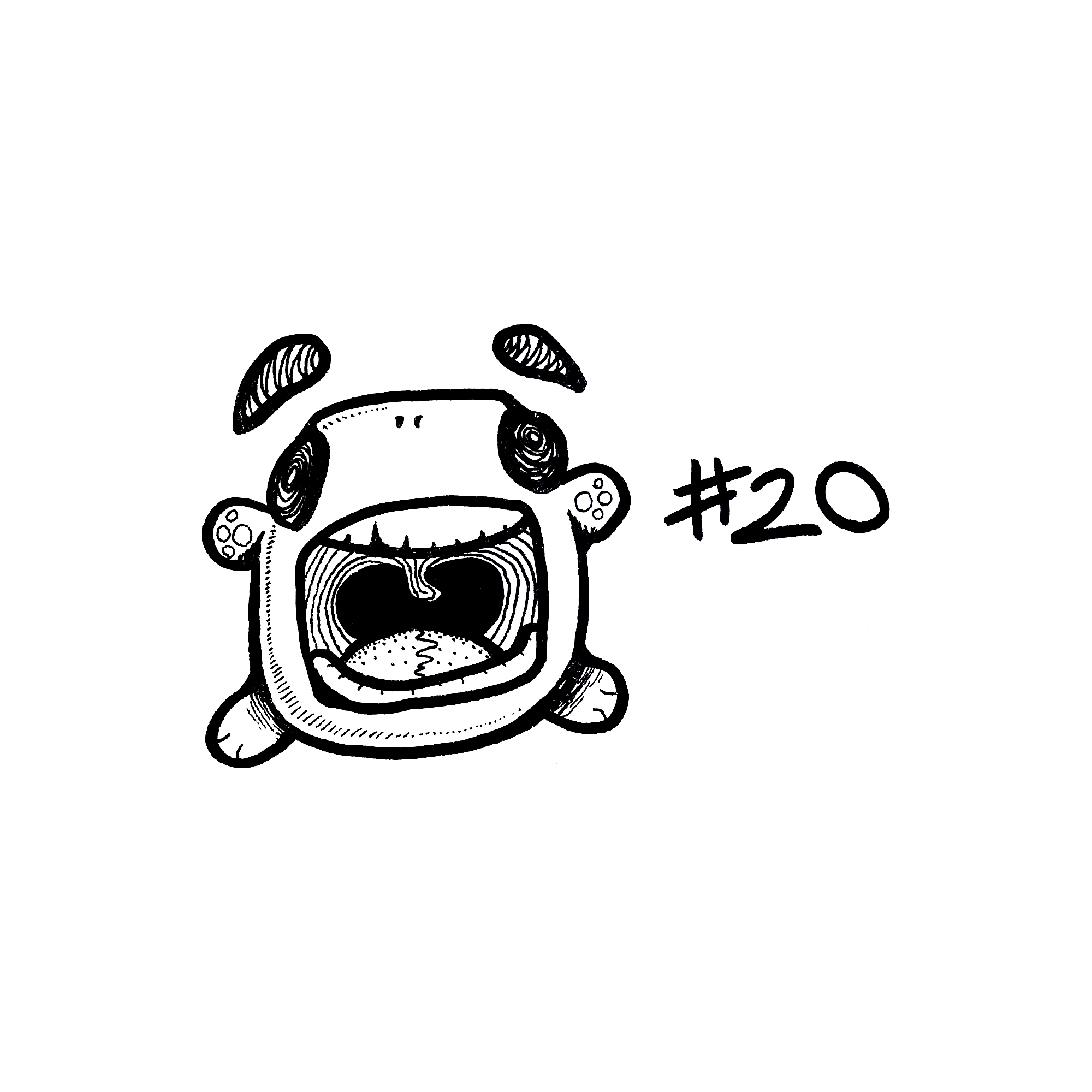 drawing of a small creature with stubby limbs and a big mouth shouting