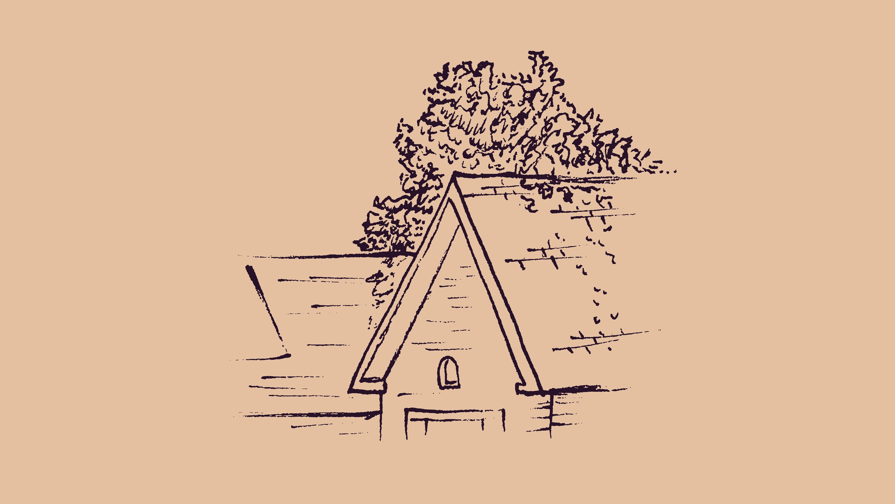 sketch of the top of a couple houses with trees standing behind them, dropping leaves onto their roofs