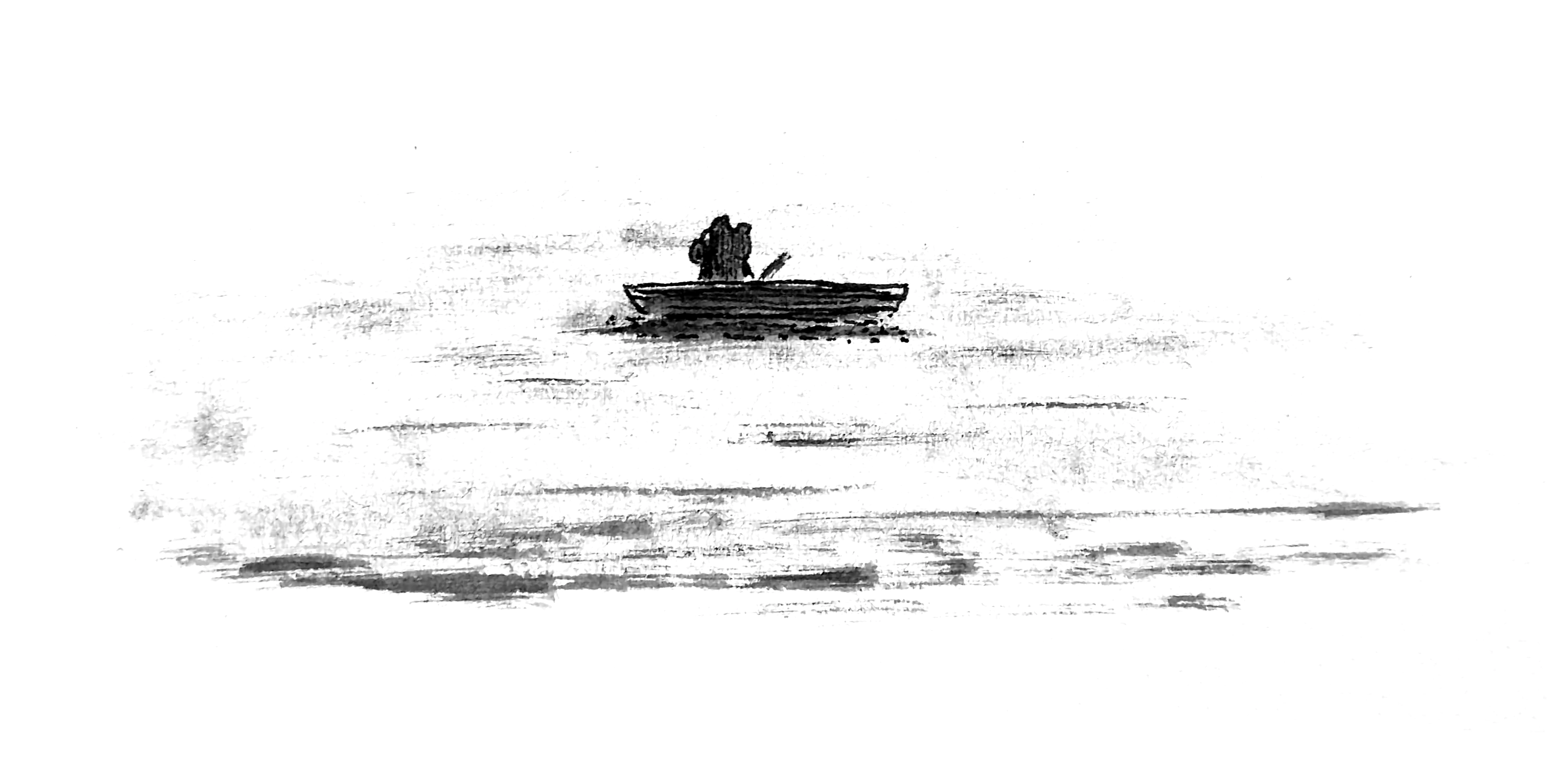 frog in a rowboat on a misty body of water