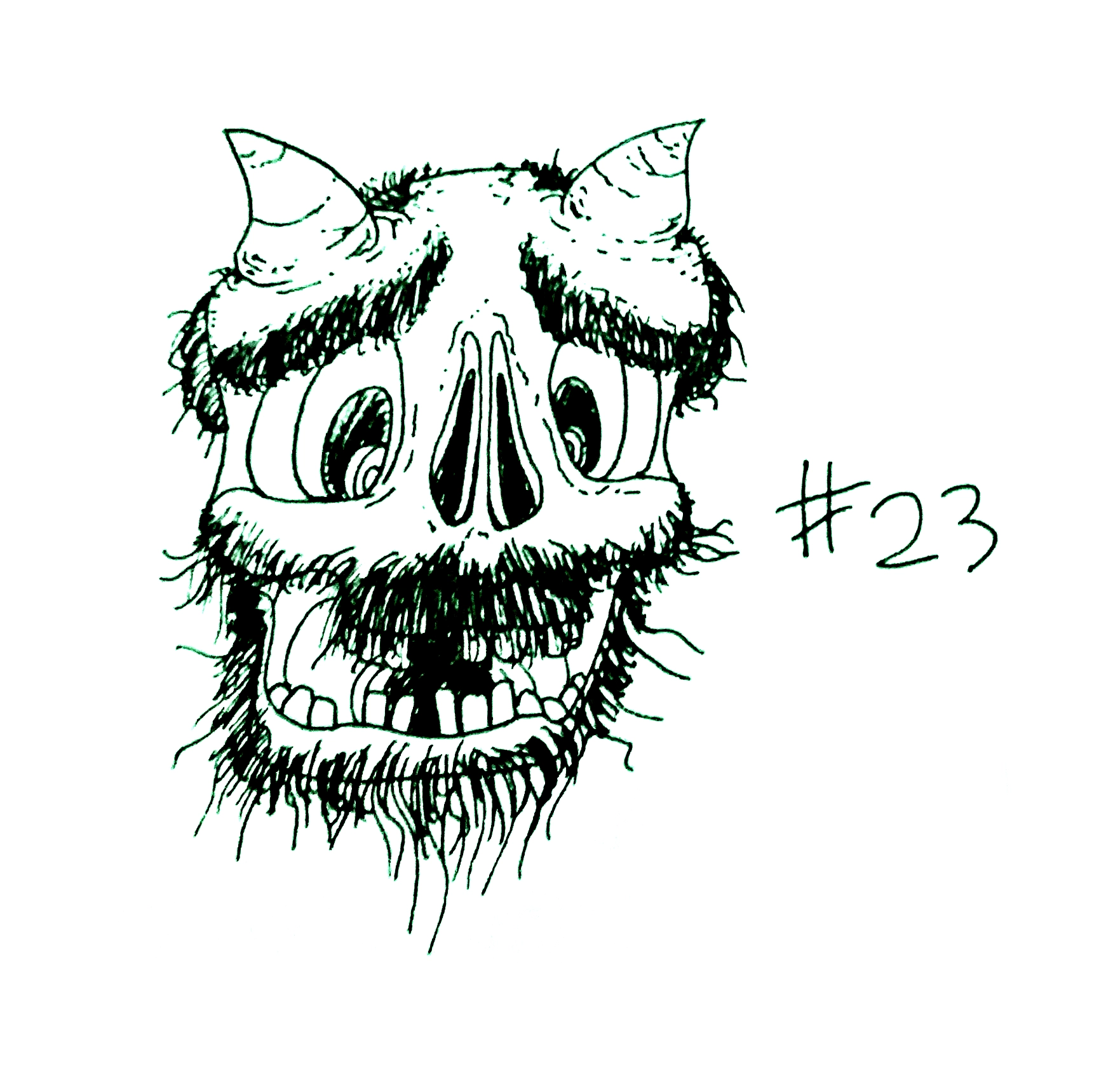 drawing of a hairy, haggard, horned face