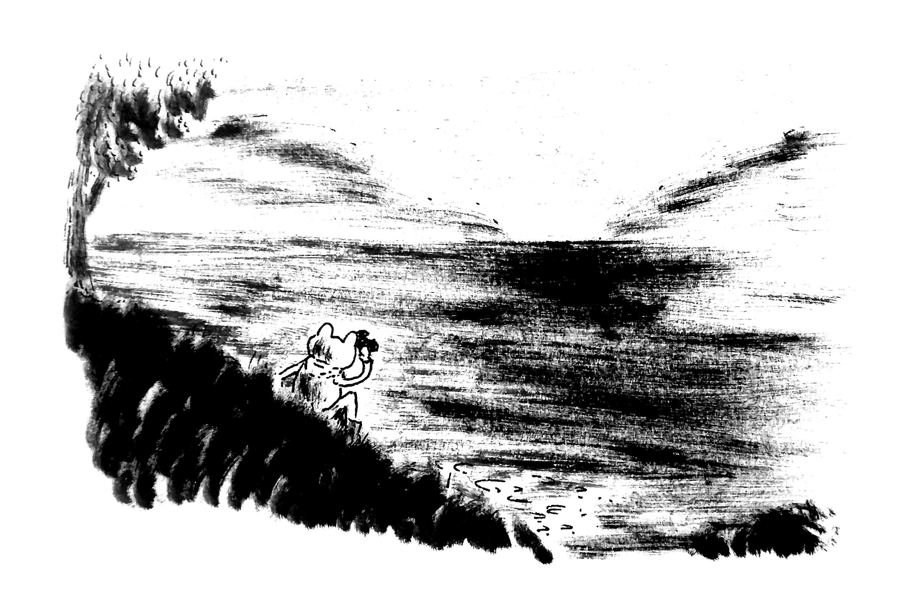 a frog sitting on a hill overlooking a dark, blotted loch